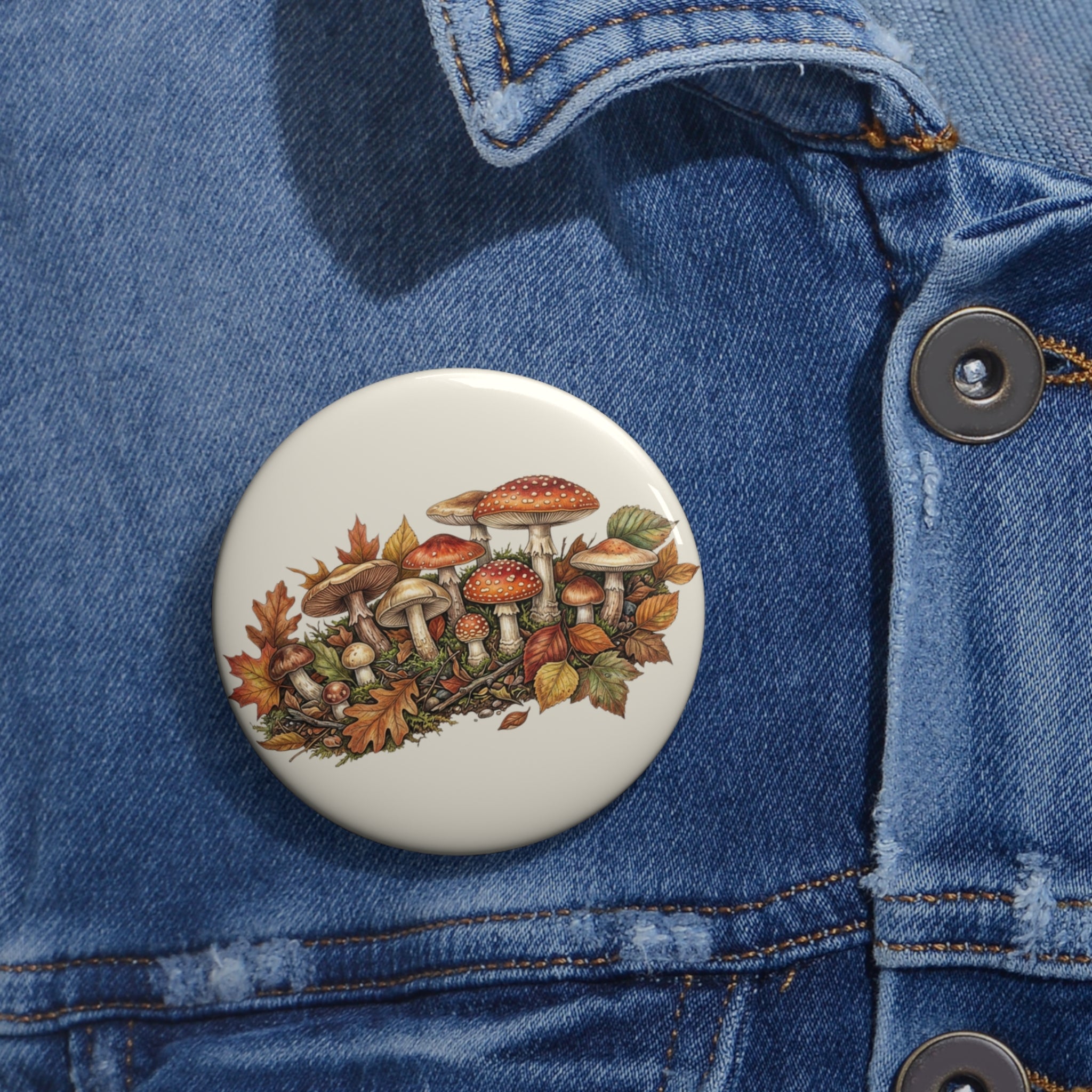 Autumn Mushroom Pin Button – Hand-Drawn Fall Fungi Badge