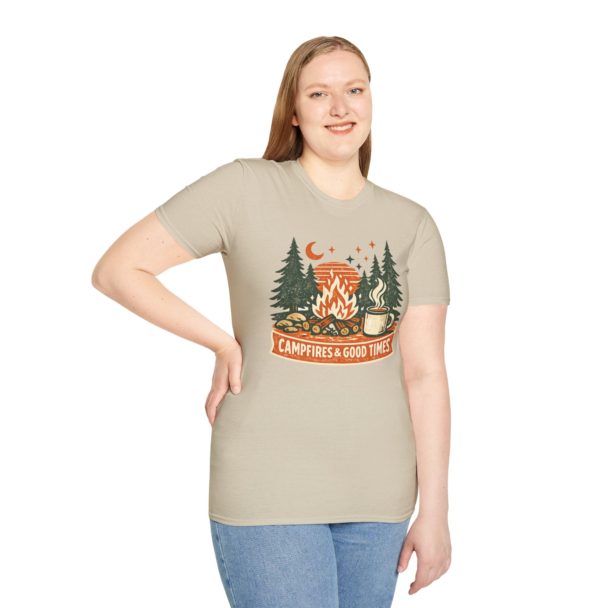 "Campfires & Good Times" T-Shirt — Retro Camping Tee with Bonfire, Trees & Coffee Mug