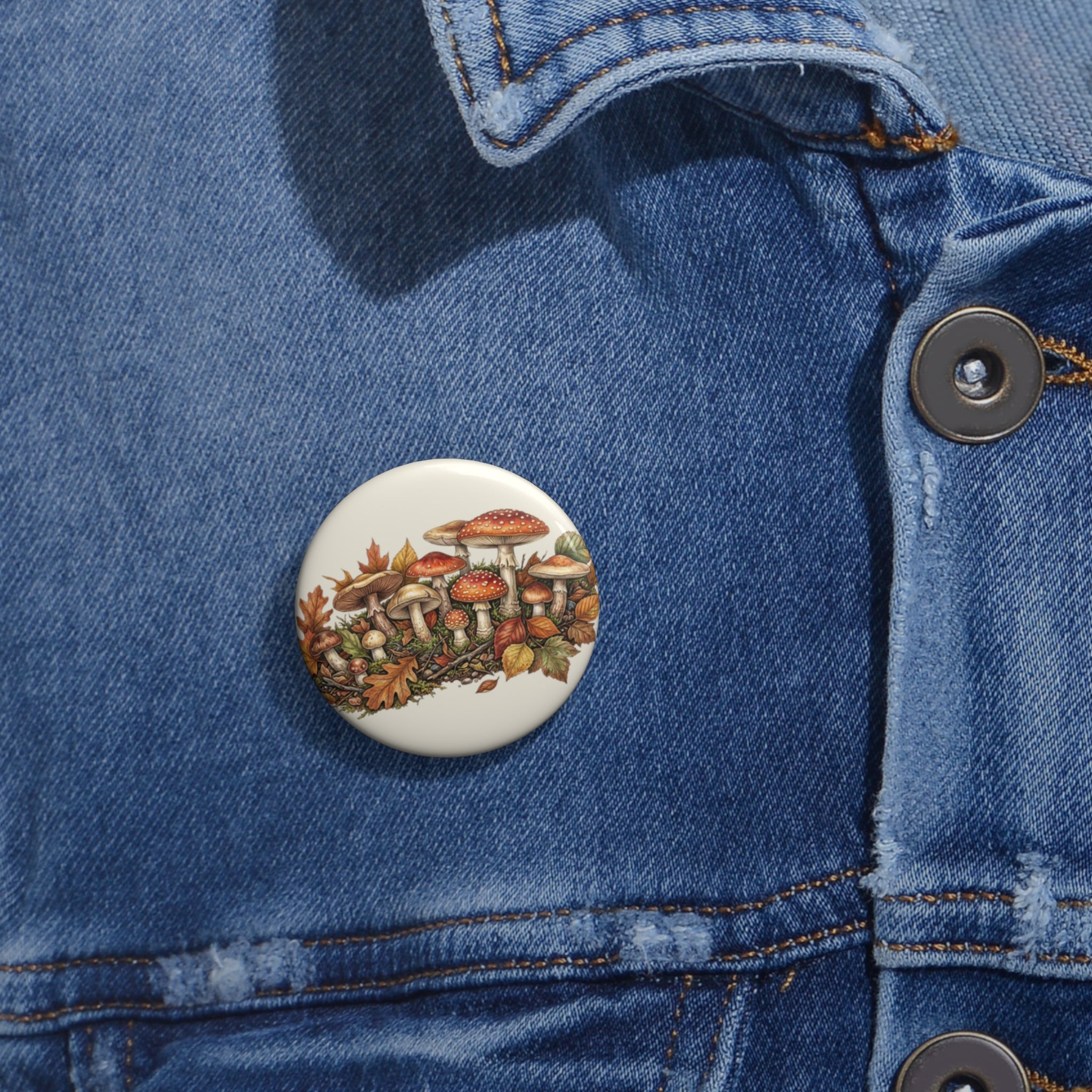 Autumn Mushroom Pin Button – Hand-Drawn Fall Fungi Badge