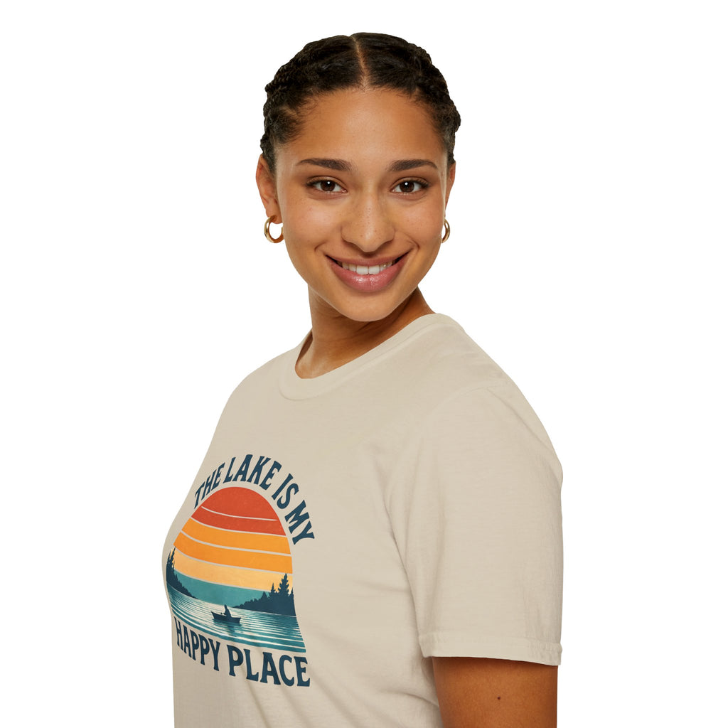 Canoe On The Lake At Sunset "The Lake Is My Happy Place" T-Shirt
