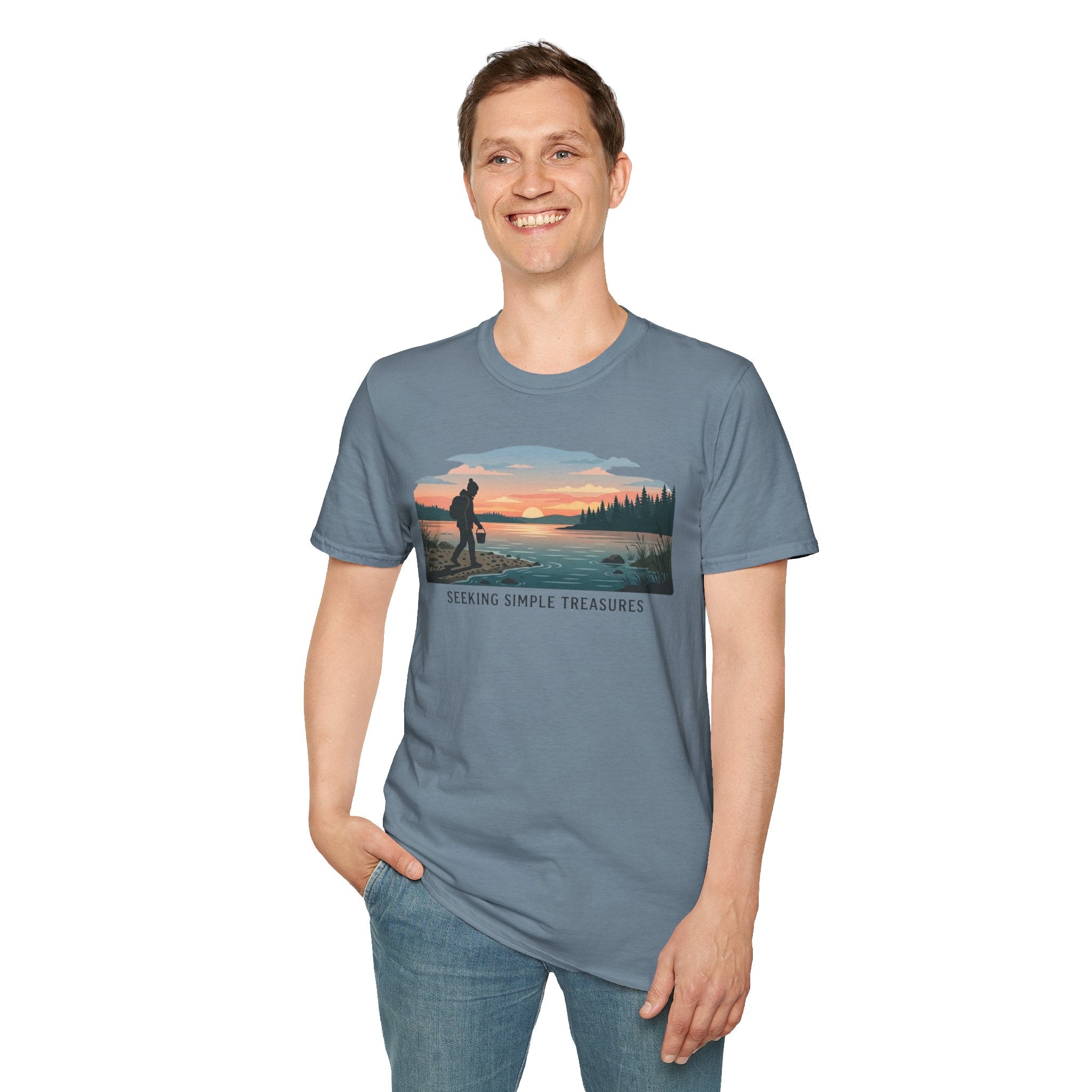 Outdoor T-Shirt — "Seeking Simple Treasures" Sunset Hiker Graphic