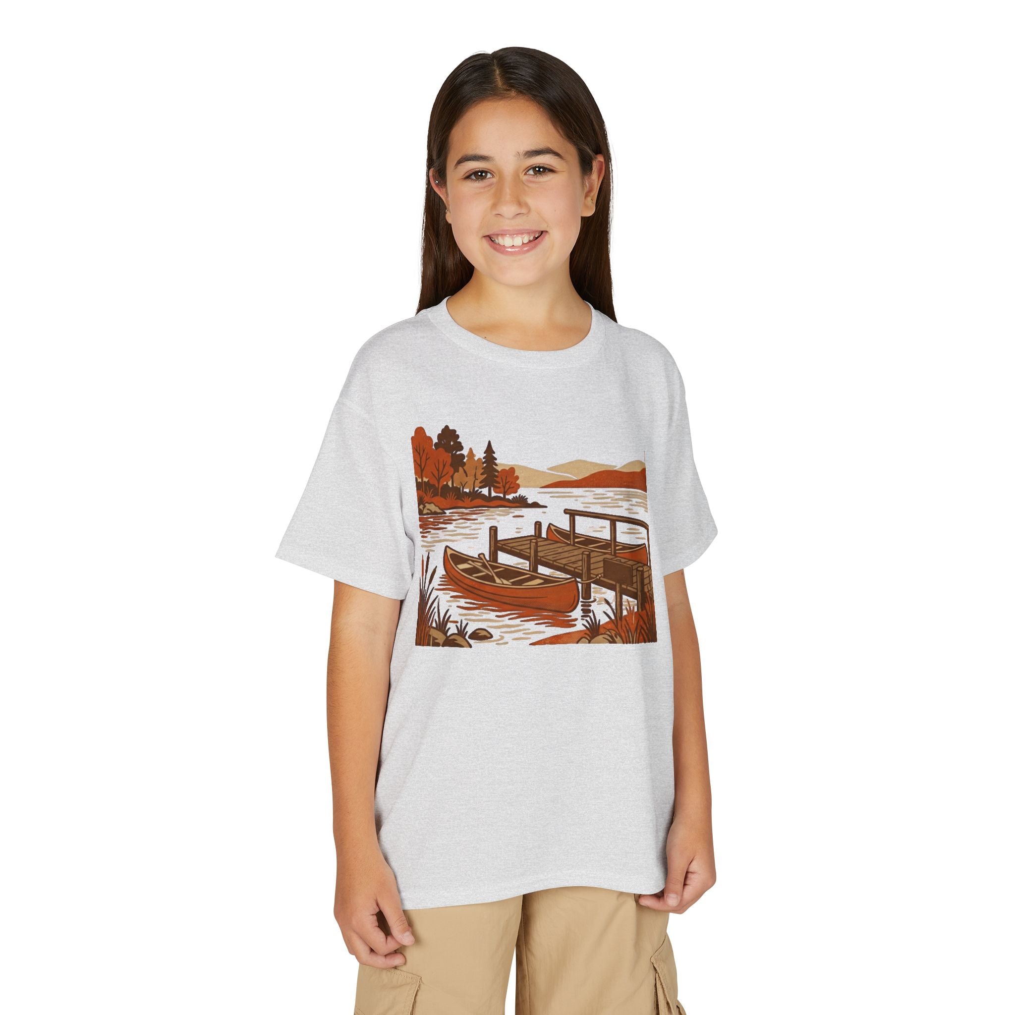 Youth T-Shirt — Autumn Lakeside Dock & Canoe Kids Tee