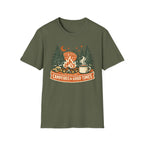 "Campfires & Good Times" T-Shirt — Retro Camping Tee with Bonfire, Trees & Coffee Mug
