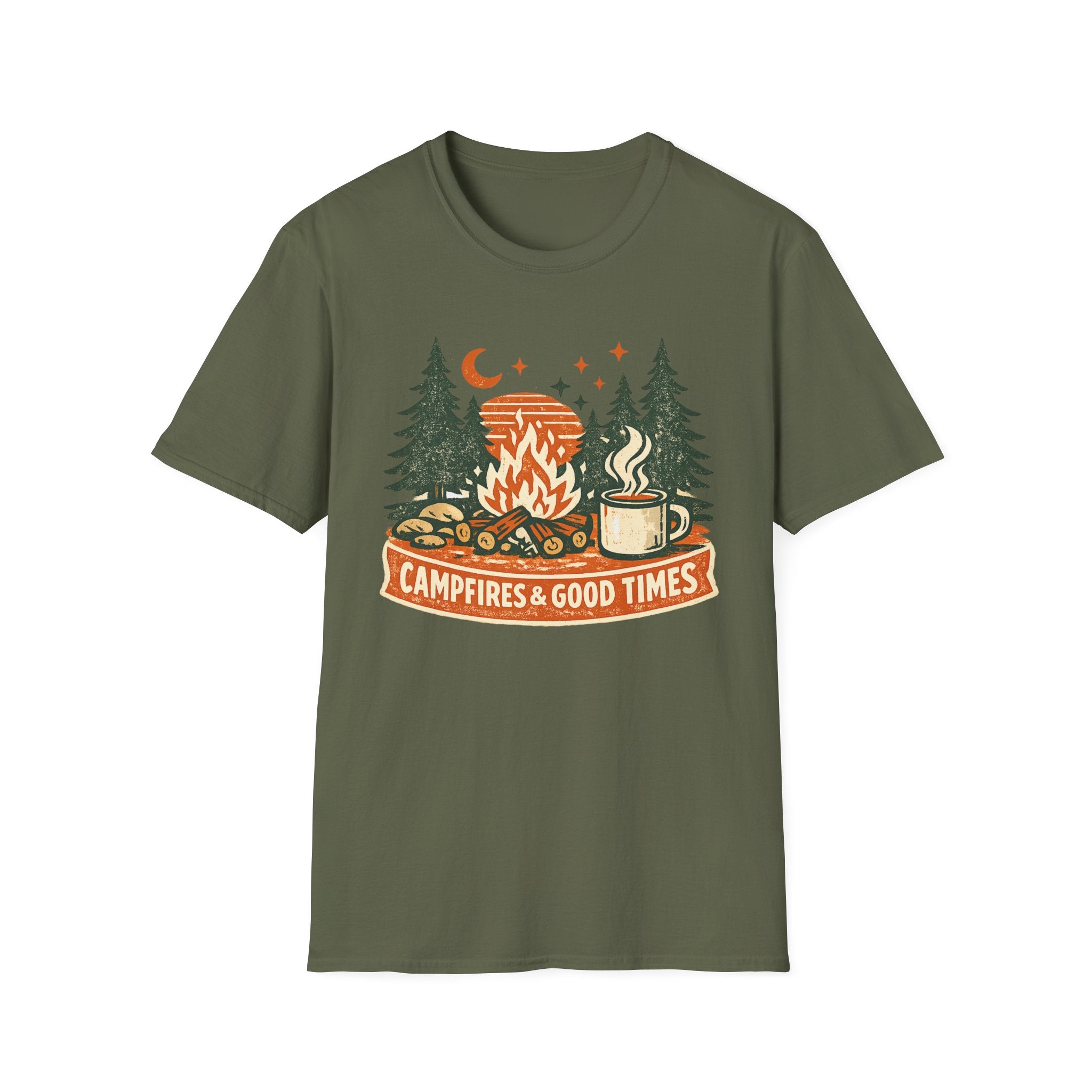 "Campfires & Good Times" T-Shirt — Retro Camping Tee with Bonfire, Trees & Coffee Mug
