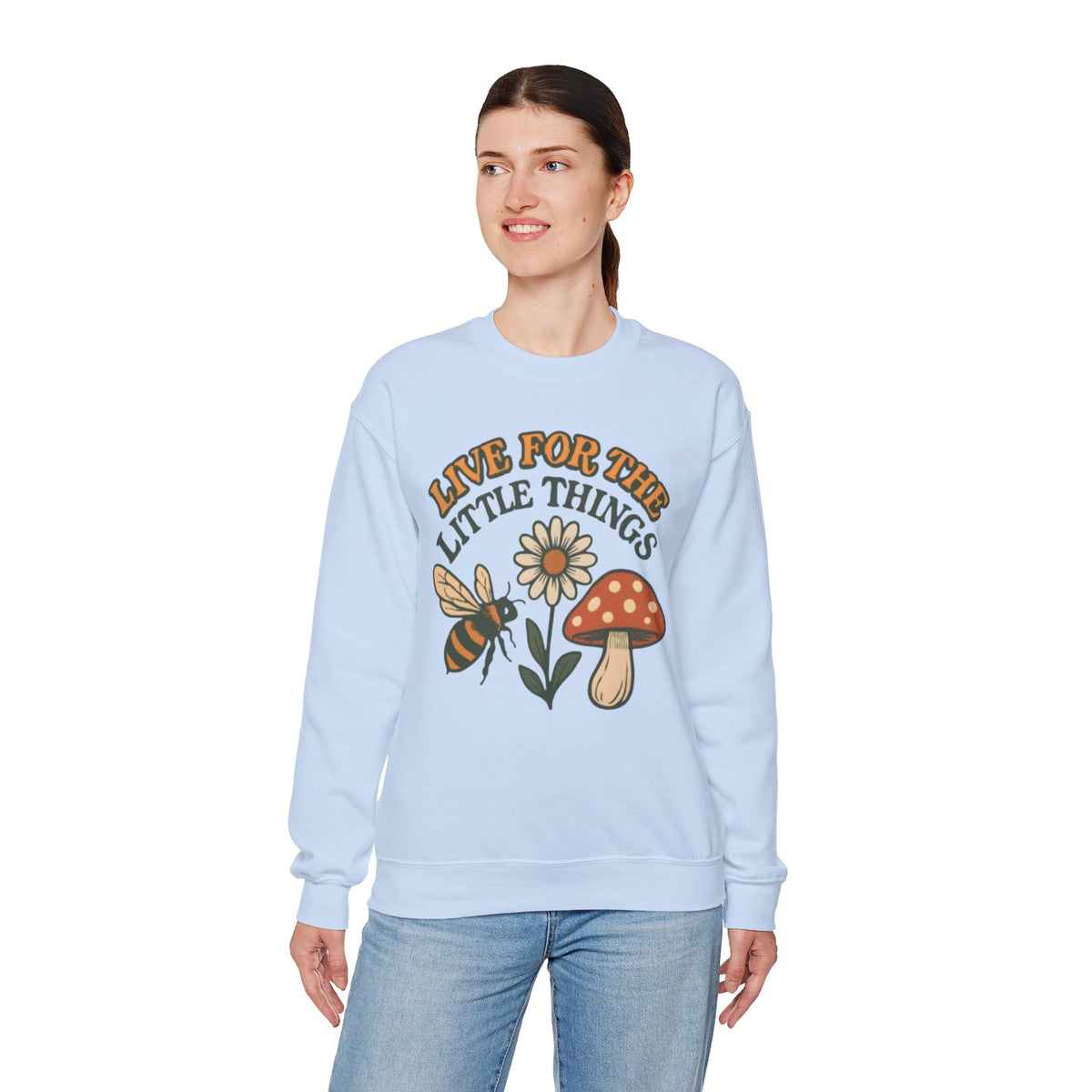 "Live For The Little Things" Bee, Daisy & Mushroom Retro Nature Design Crewneck Sweatshirt