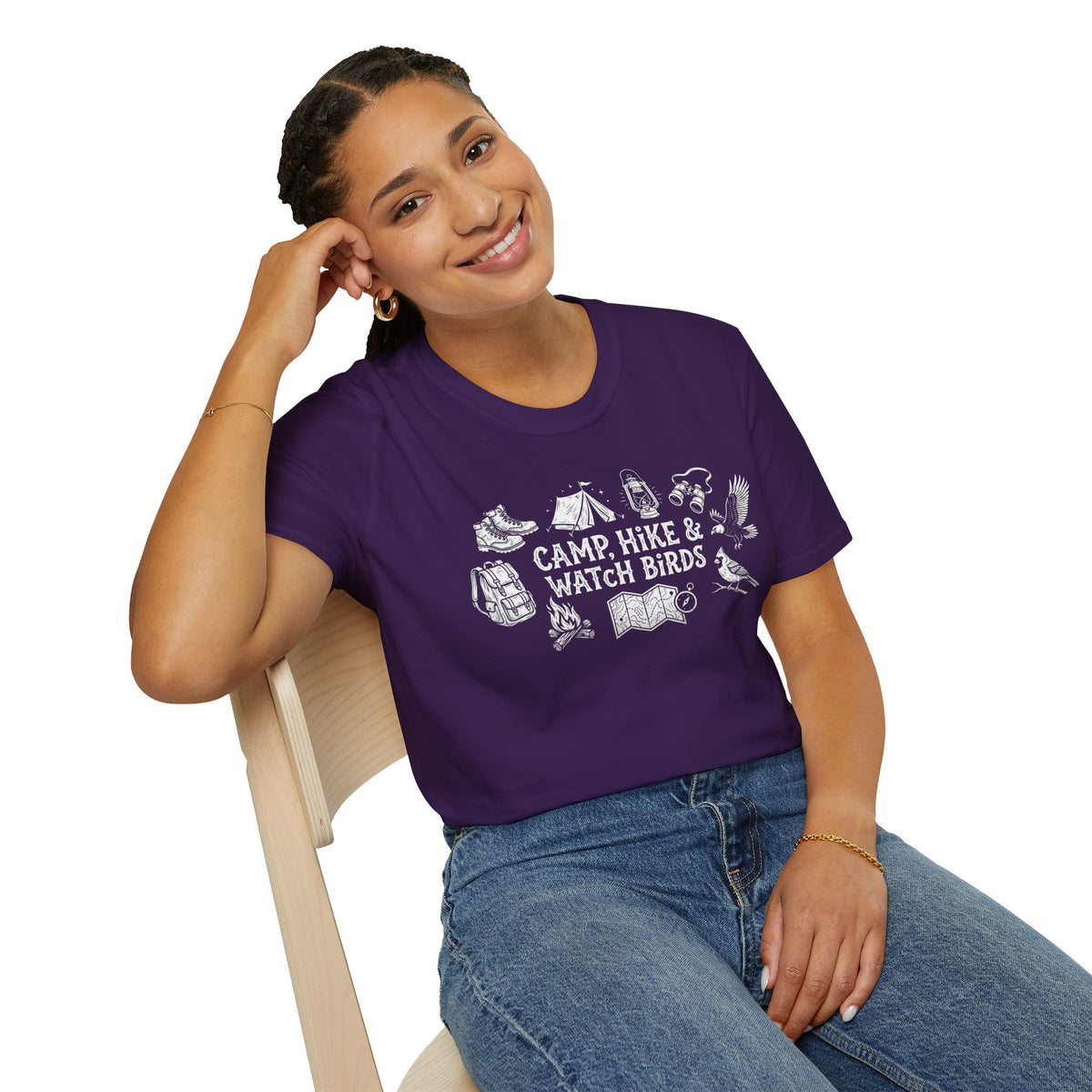 "Camp, Hike & Watch Birds" T-Shirt — Outdoor Camping Hiking Birdwatching Graphic Tee Shirt