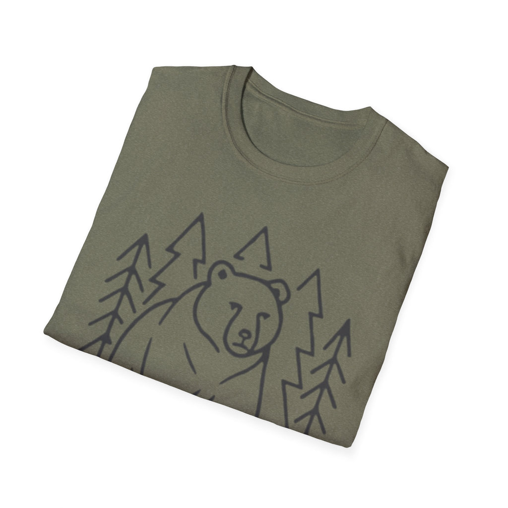 Bear & Pines T-Shirt — Minimal Line Drawing Woodland Tee