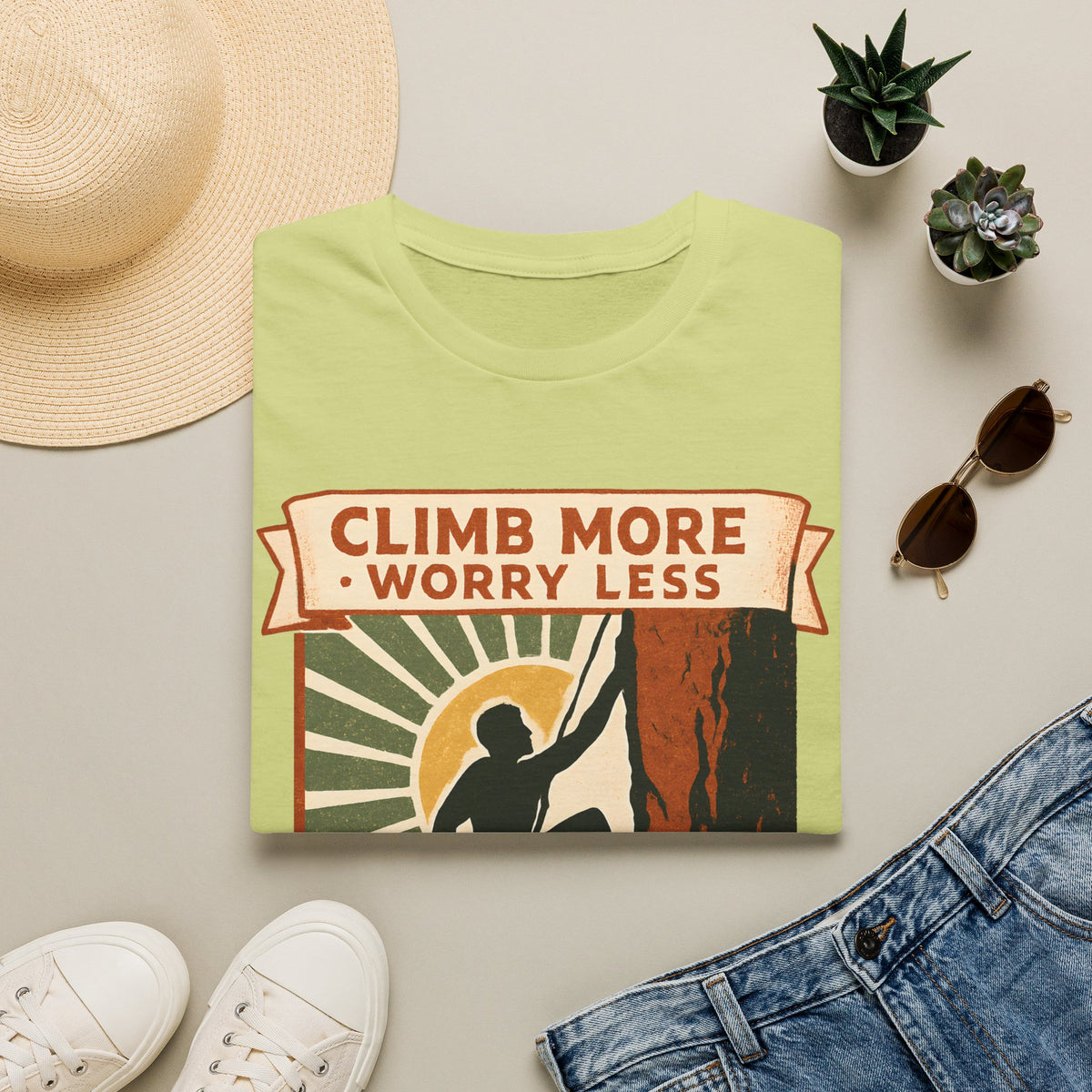 "Climb More Worry Less" Mountain Climber Silhouette with Sunburst T-Shirt