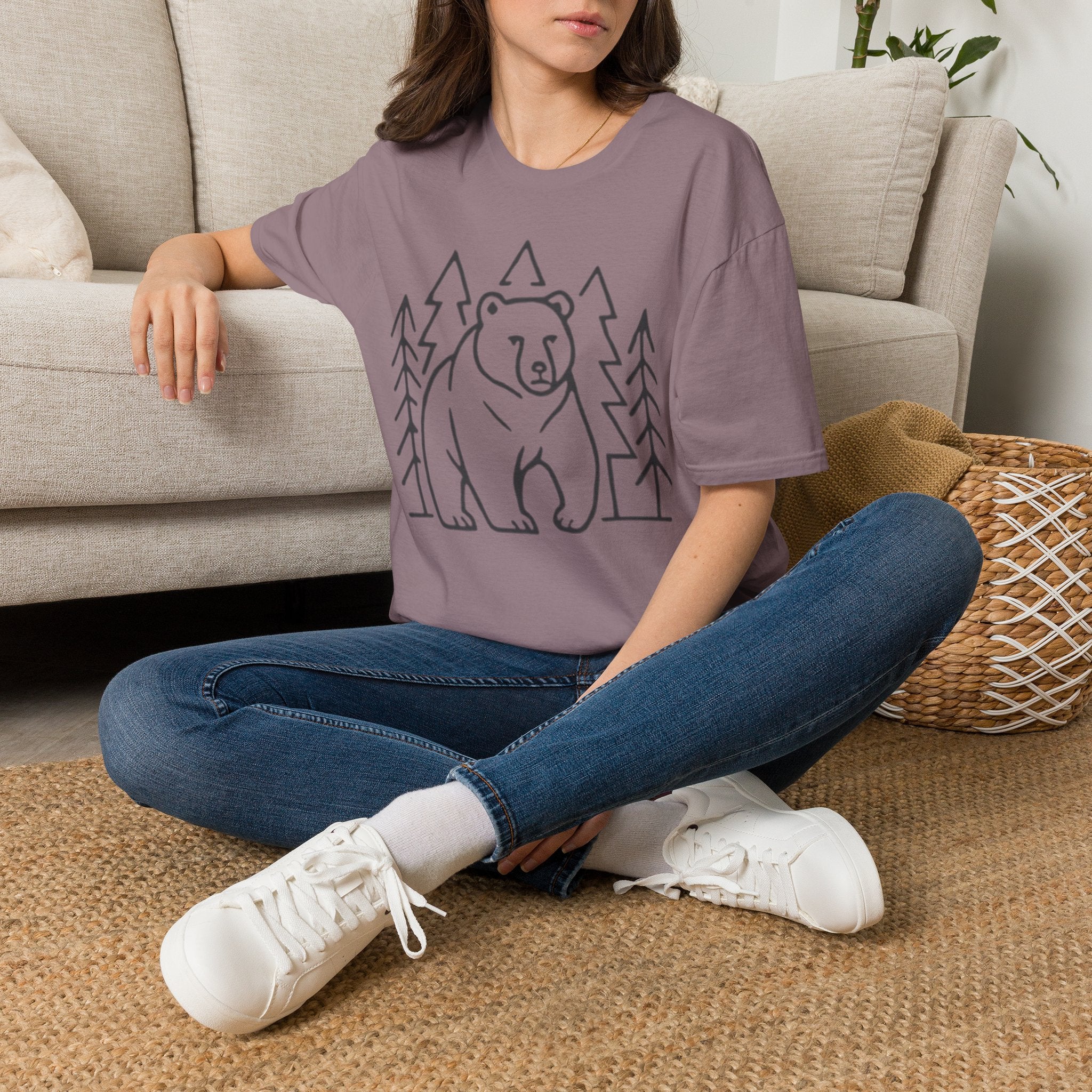 Bear & Pines T-Shirt — Minimal Line Drawing Woodland Tee