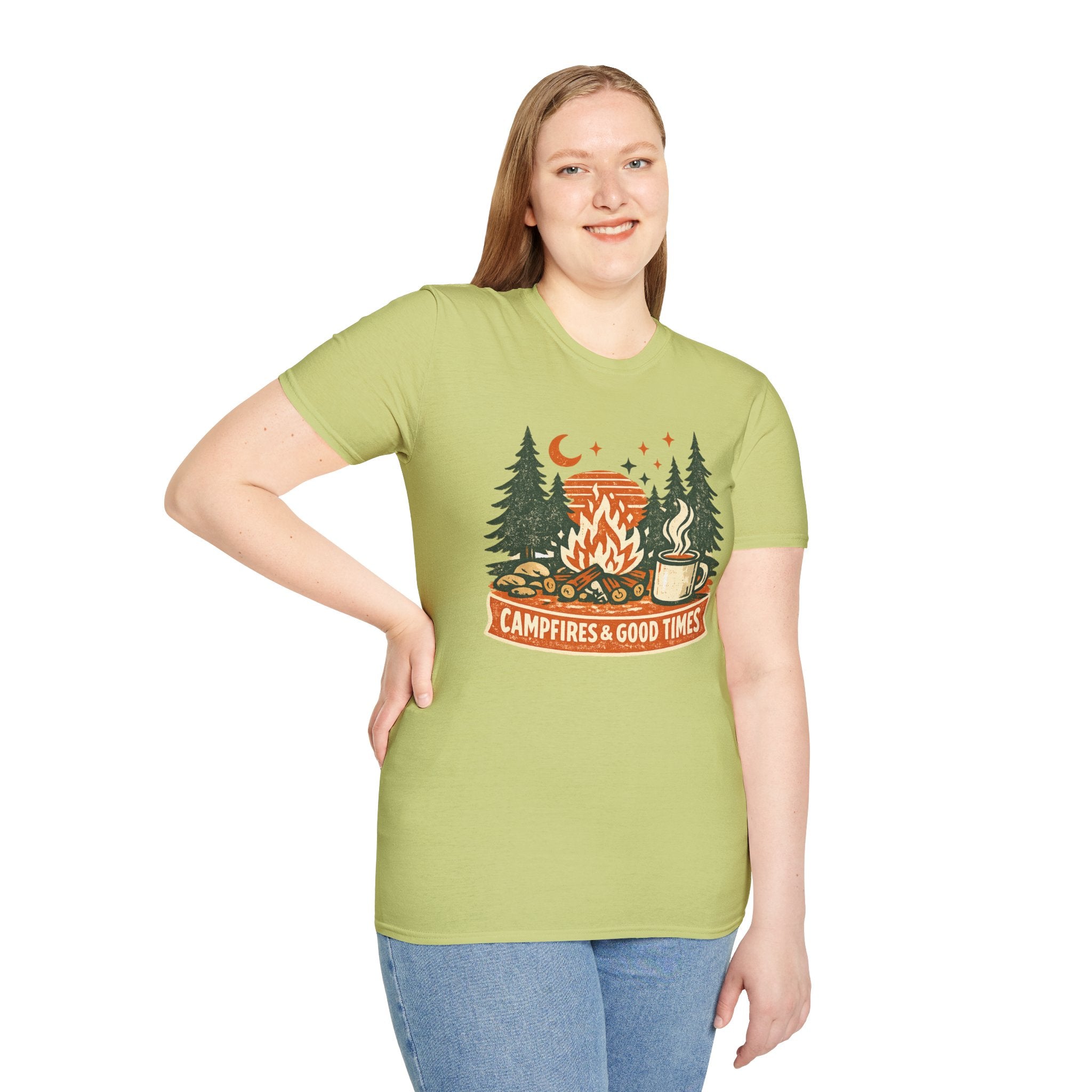 "Campfires & Good Times" T-Shirt — Retro Camping Tee with Bonfire, Trees & Coffee Mug
