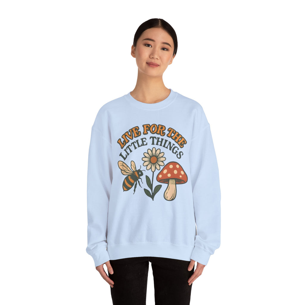 "Live For The Little Things" Bee, Daisy & Mushroom Retro Nature Design Crewneck Sweatshirt