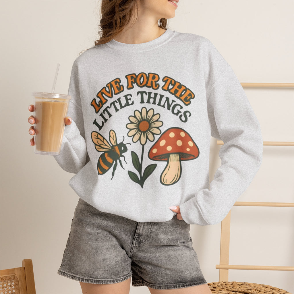 "Live For The Little Things" Bee, Daisy & Mushroom Retro Nature Design Crewneck Sweatshirt