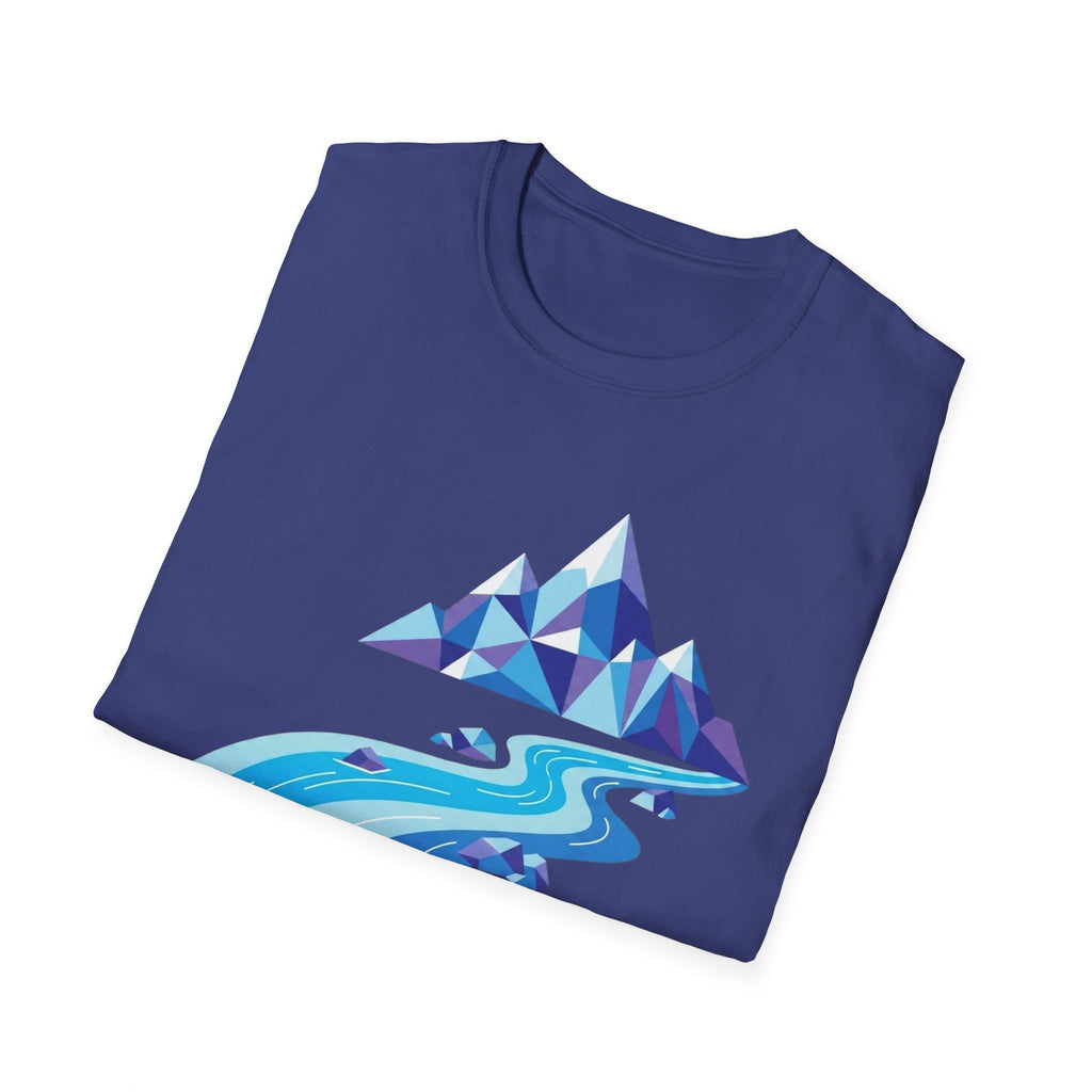 Mountain River T-Shirt — Geometric Blue Peaks & Flowing River