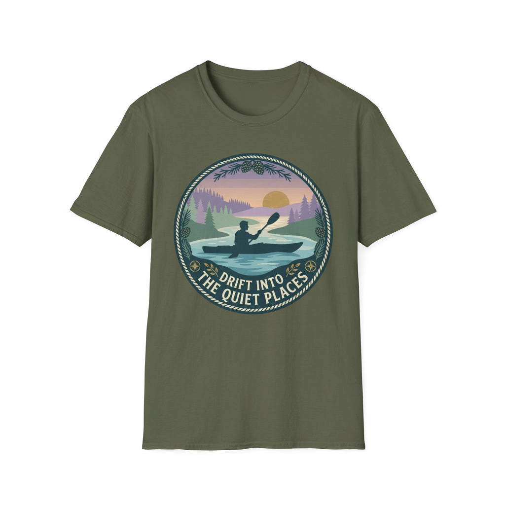 "Drift Into The Quiet Places" Kayak Sunset T‑Shirt — Outdoor Relaxation Tee Shirt