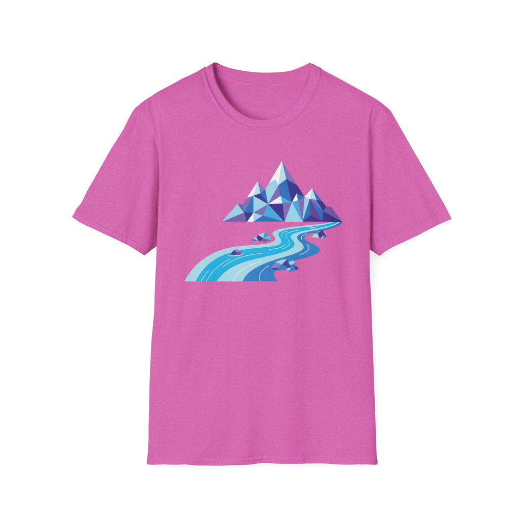 Mountain River T-Shirt — Geometric Blue Peaks & Flowing River