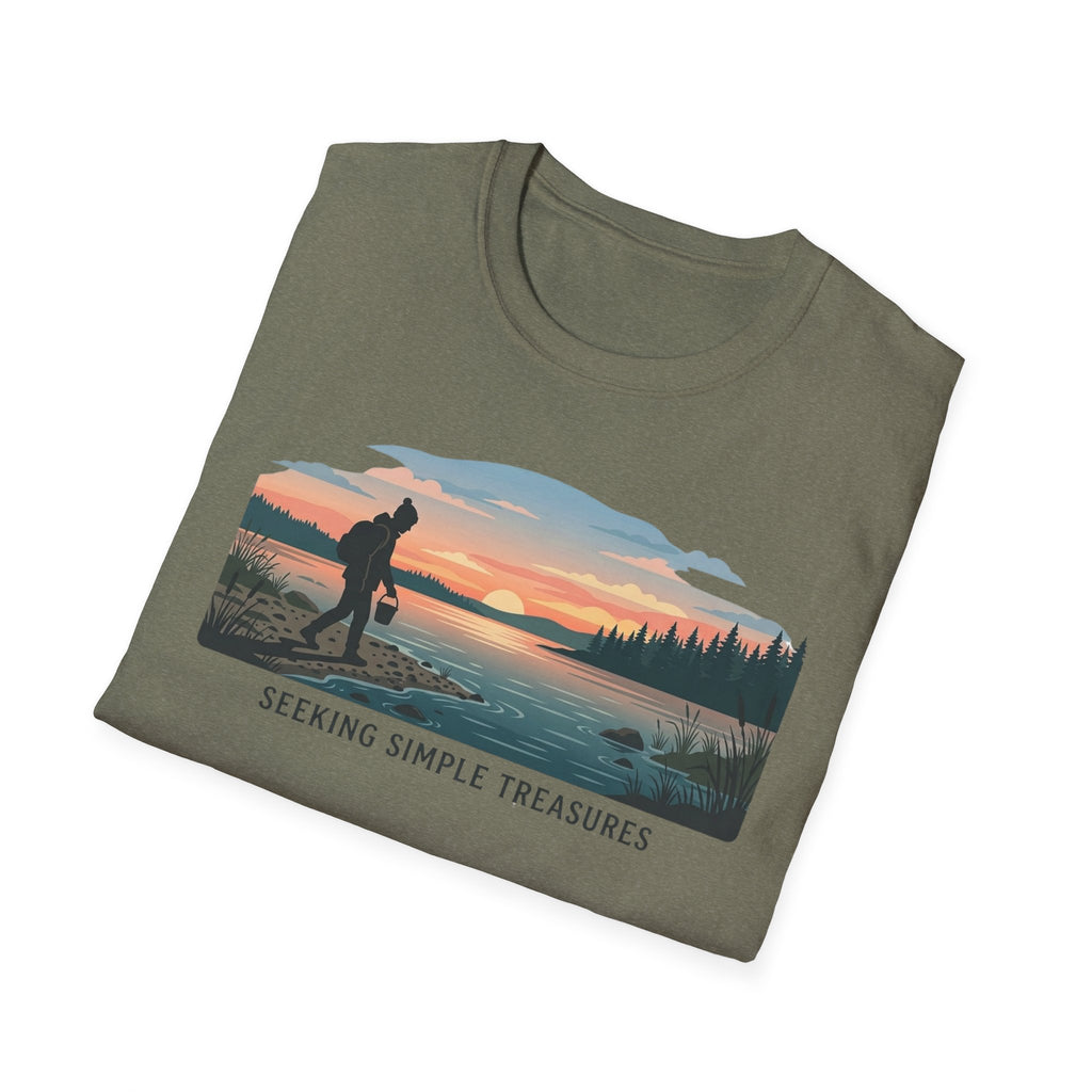 Outdoor T-Shirt — "Seeking Simple Treasures" Sunset Hiker Graphic