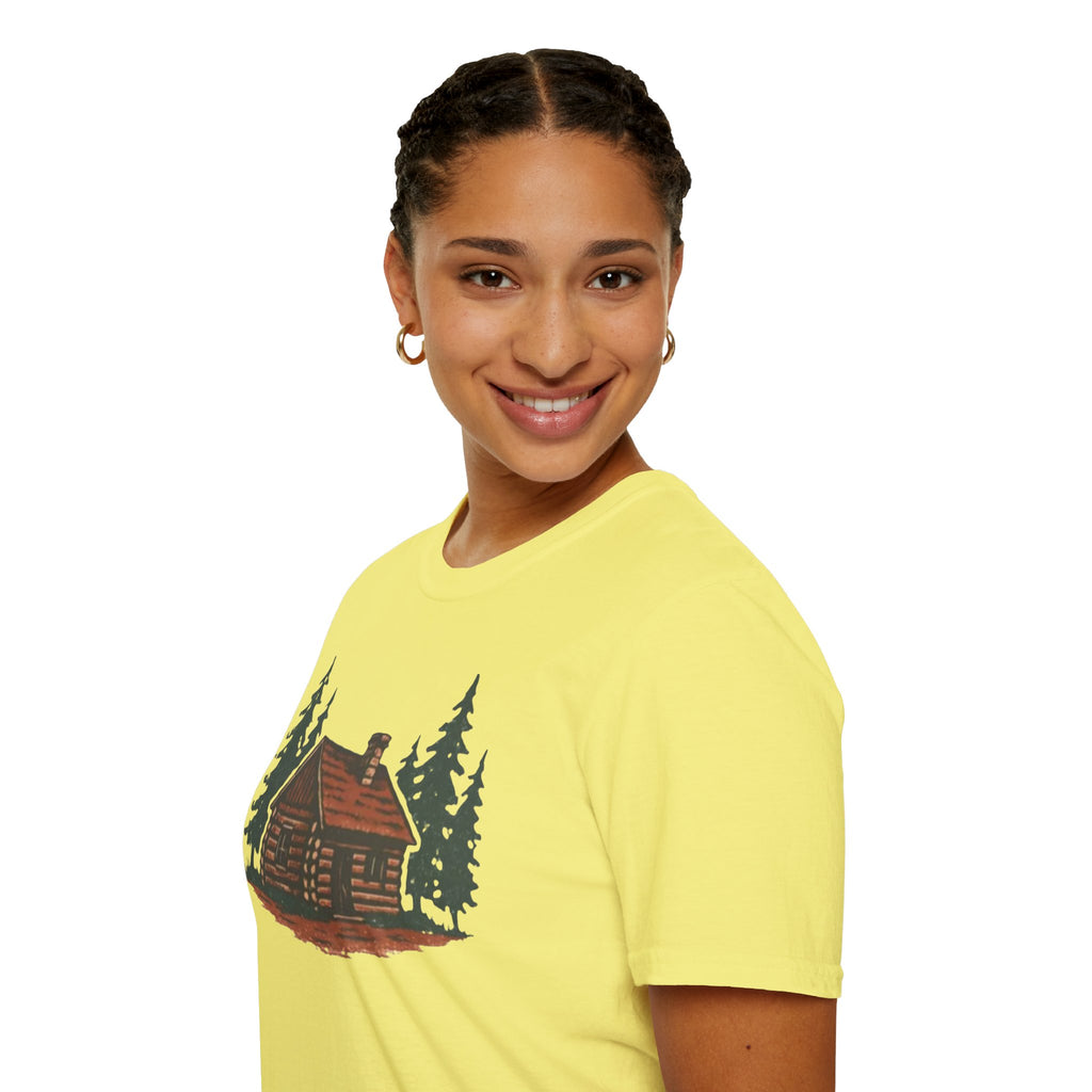 Vintage Cozy Cabin T-Shirt — Faded Pine Tree Cabin Tee