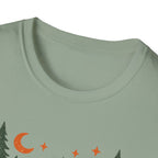 "Campfires & Good Times" T-Shirt — Retro Camping Tee with Bonfire, Trees & Coffee Mug