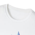 Mountain River T-Shirt — Geometric Blue Peaks & Flowing River