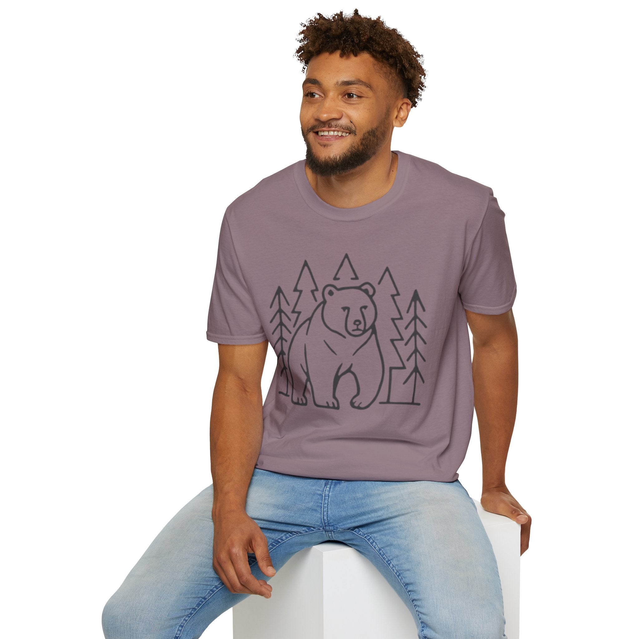 Bear & Pines T-Shirt — Minimal Line Drawing Woodland Tee