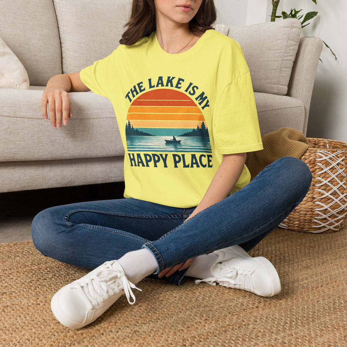 "The Lake Is My Happy Place" Canoe On The Lake At Sunset T-Shirt