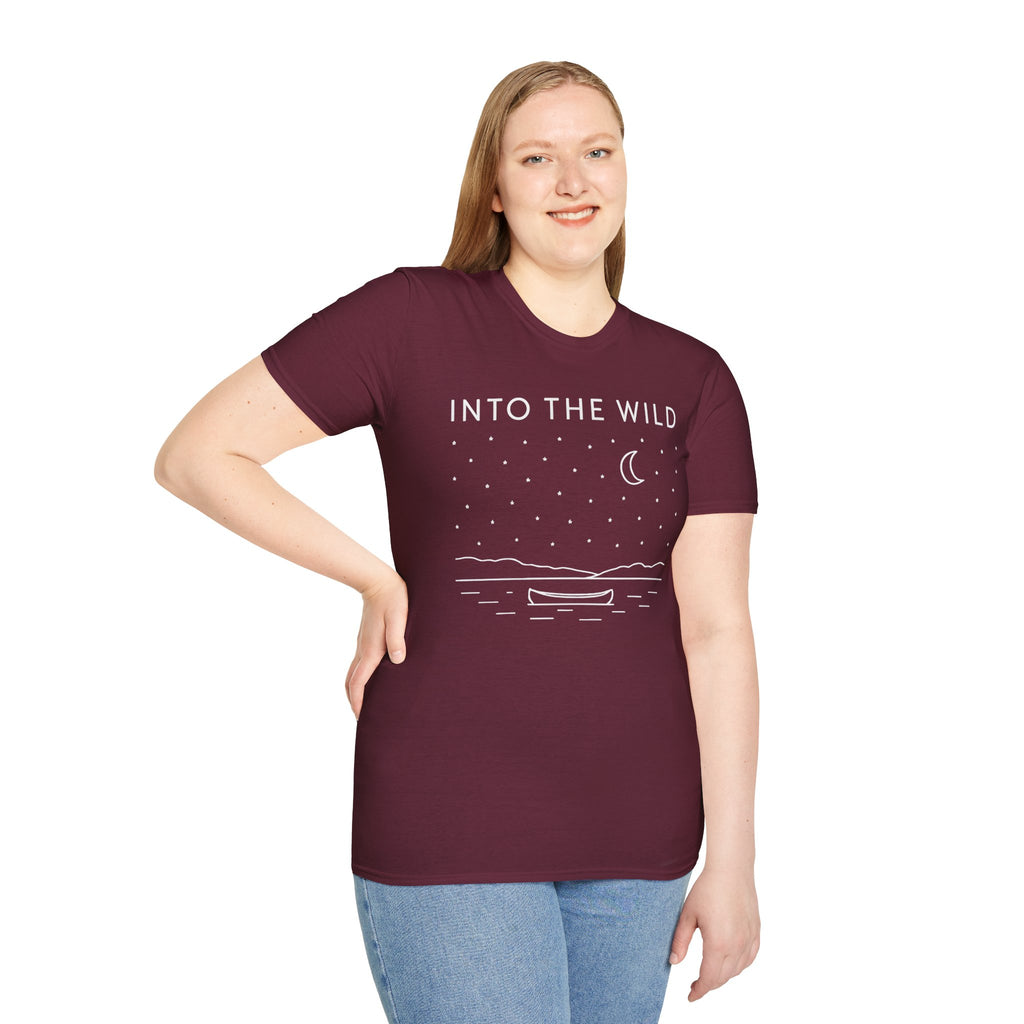 Into The Wild Canoe T-Shirt - Minimal Night Sky Lake Camping Tee