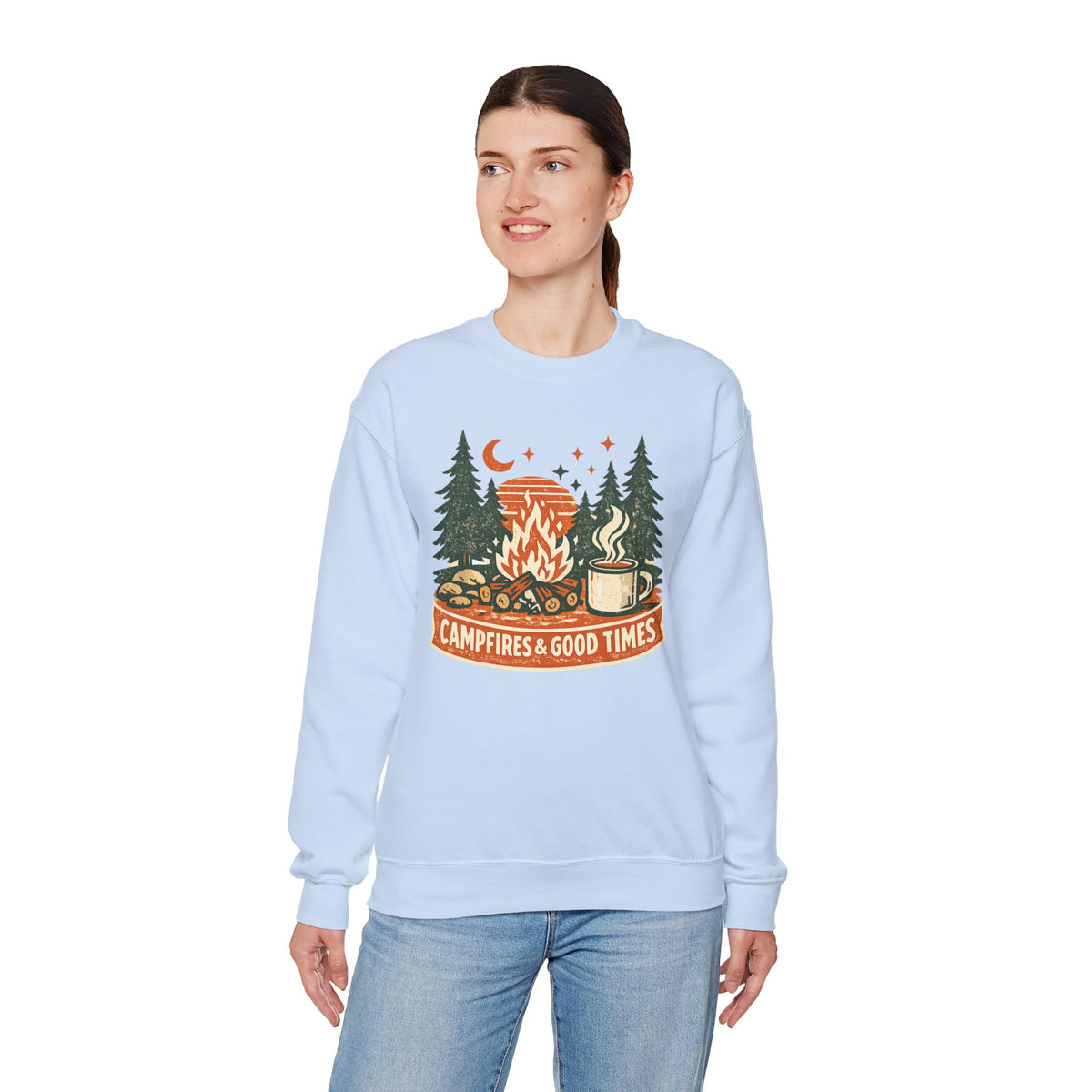 "Campfires & Good Times" Crewneck Sweatshirt — Cozy Camping Graphic Pullover Sweatshirt