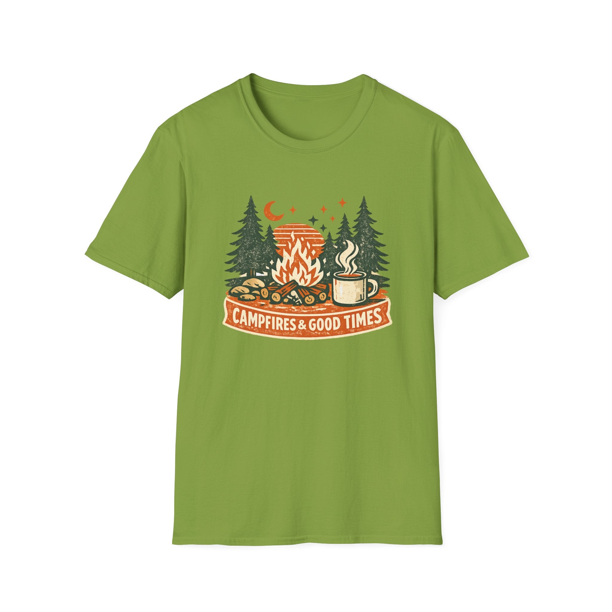 Campfires & Good Times T-Shirt — Retro Camping Tee with Bonfire, Trees & Coffee Mug