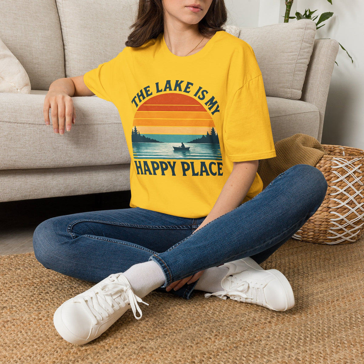 "The Lake Is My Happy Place" Canoe On The Lake At Sunset T-Shirt