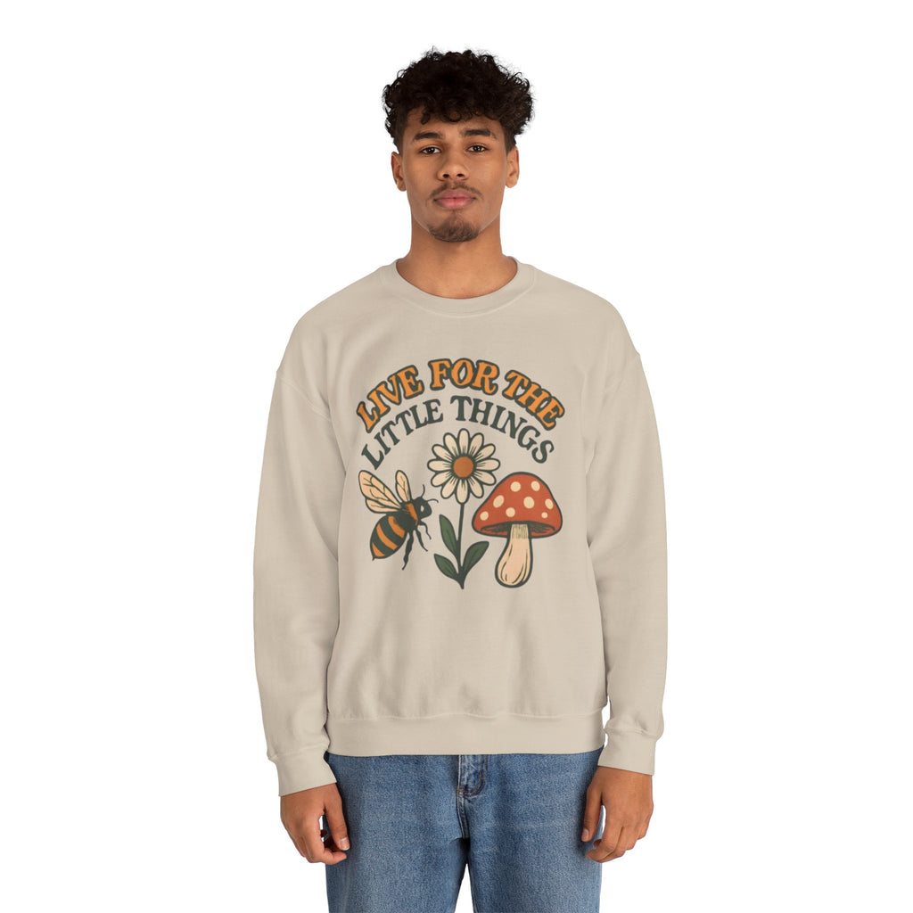 "Live For The Little Things" Bee, Daisy & Mushroom Retro Nature Design Crewneck Sweatshirt