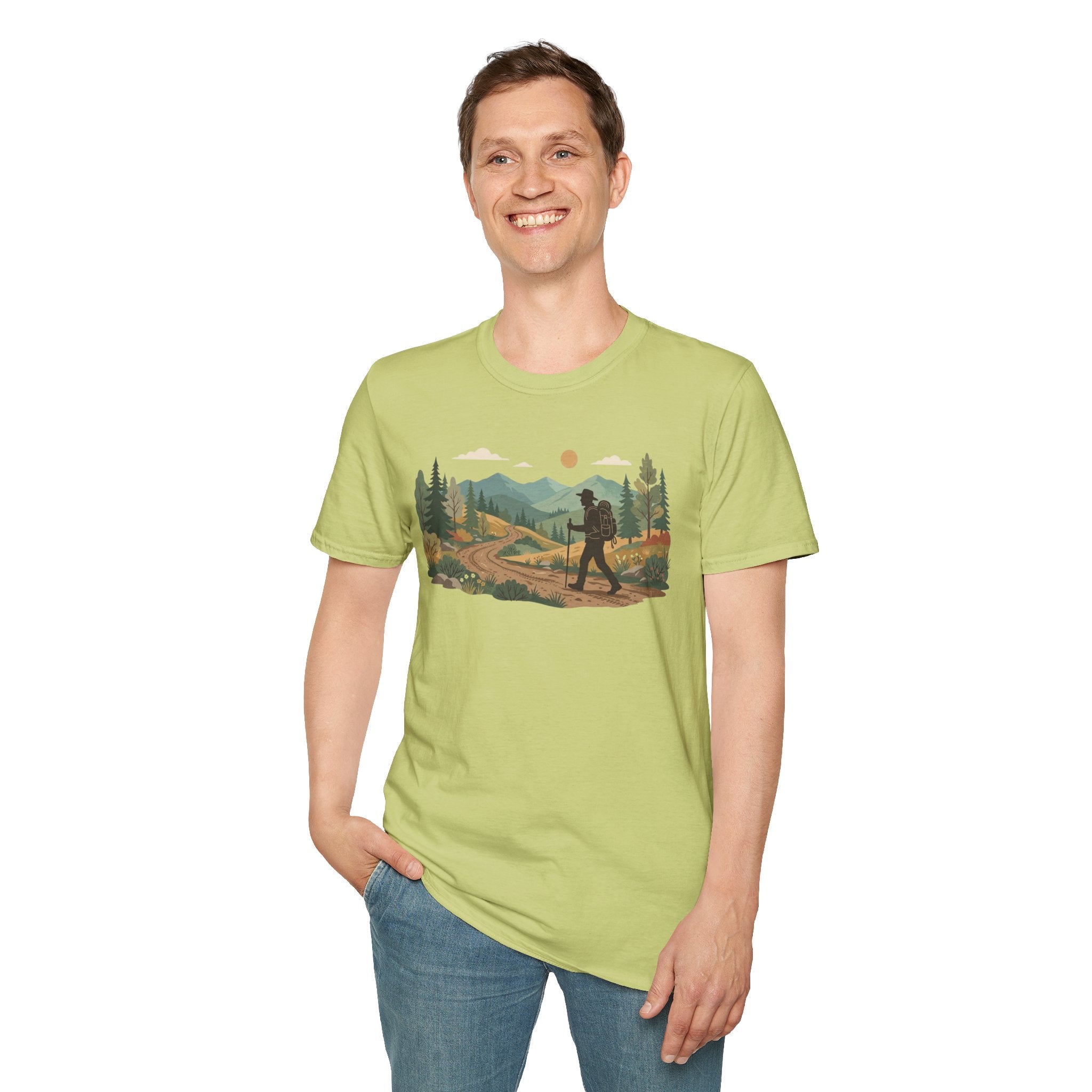 Hiker Mountain Sunset T-Shirt — Scenic Trail Adventure Tee