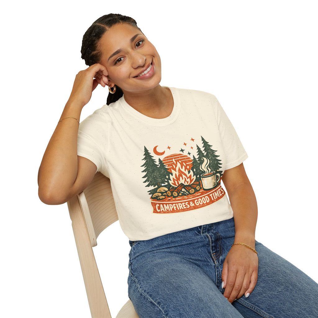 "Campfires & Good Times" T-Shirt — Retro Camping Tee with Bonfire, Trees & Coffee Mug