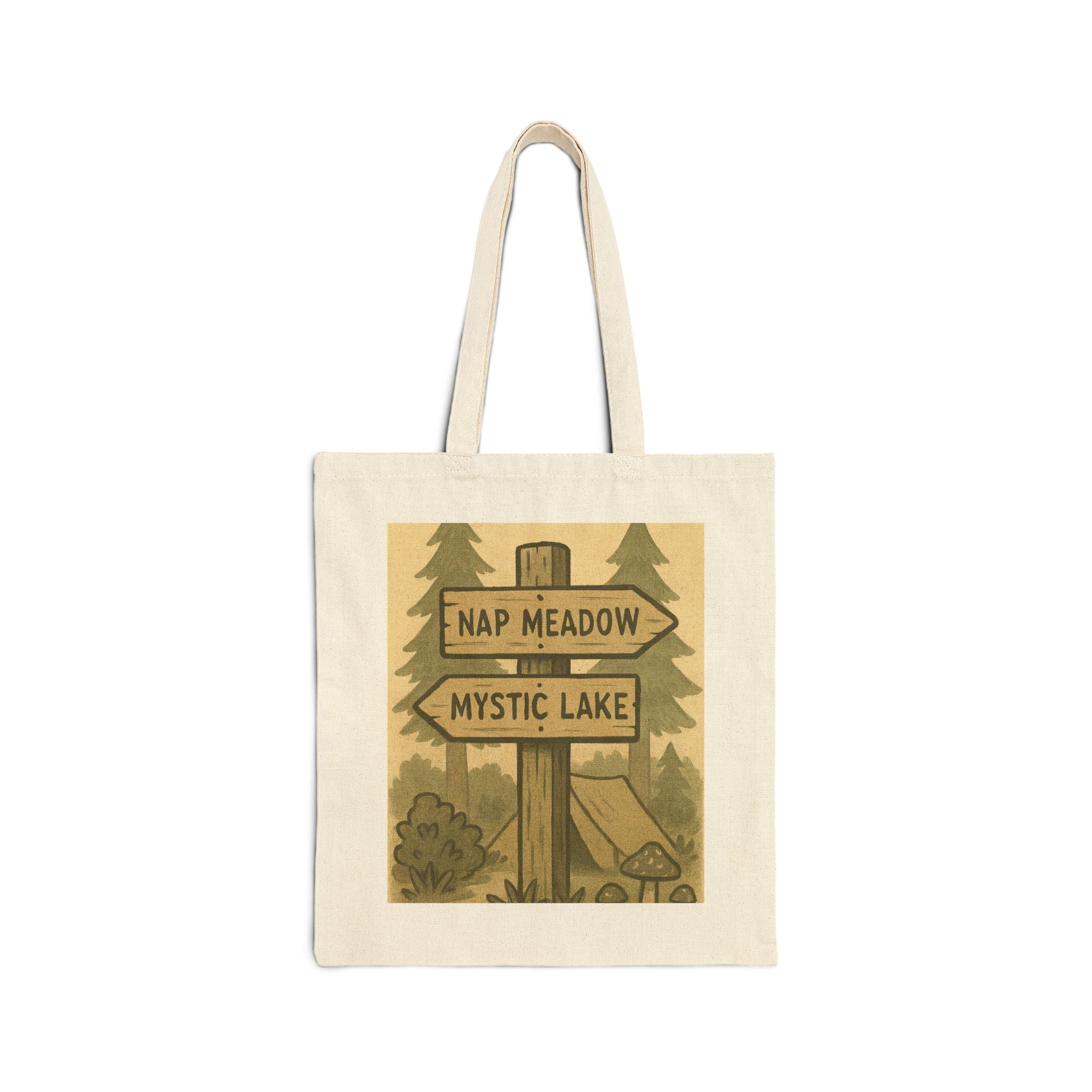 Tote Bag — Rustic ‘Nap Meadow / Mystic Lake’ Camping Sign Canvas Tote