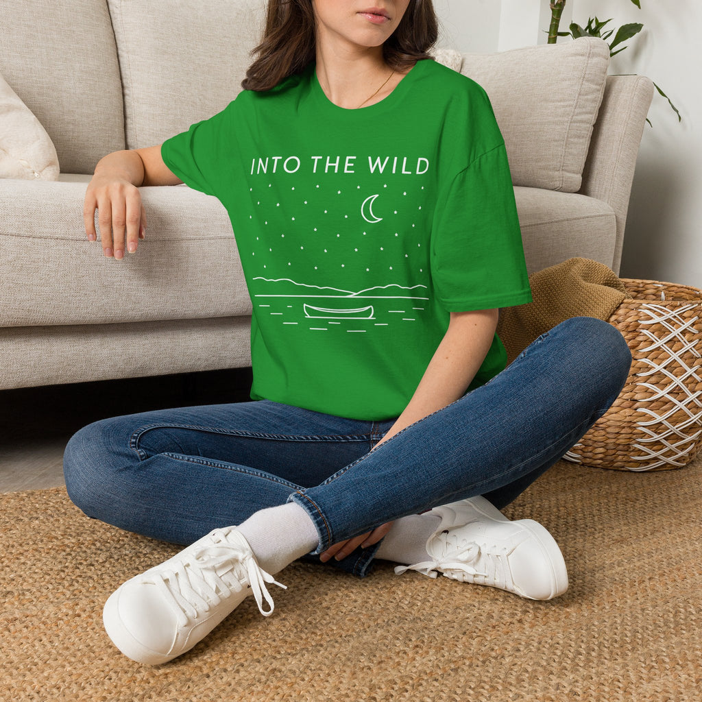 Into The Wild Canoe T-Shirt - Minimal Night Sky Lake Camping Tee