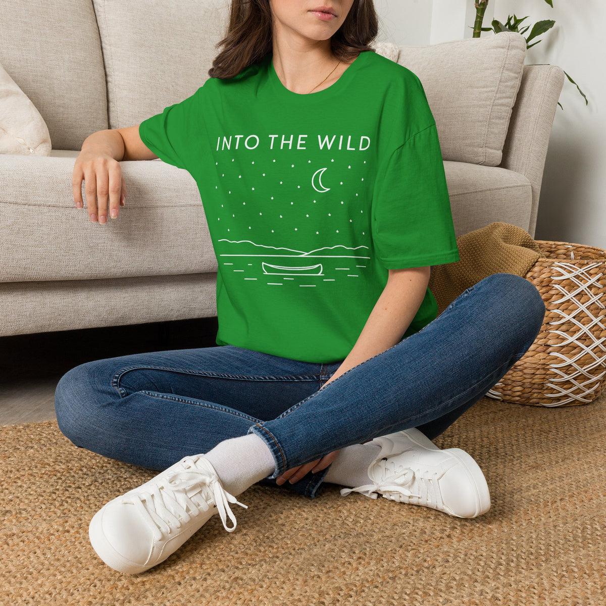 Into The Wild Canoe T-Shirt - Minimal Night Sky Lake Camping Tee