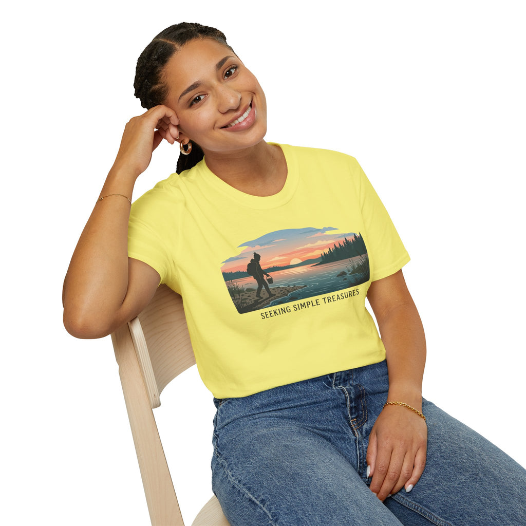 Outdoor T-Shirt — "Seeking Simple Treasures" Sunset Hiker Graphic