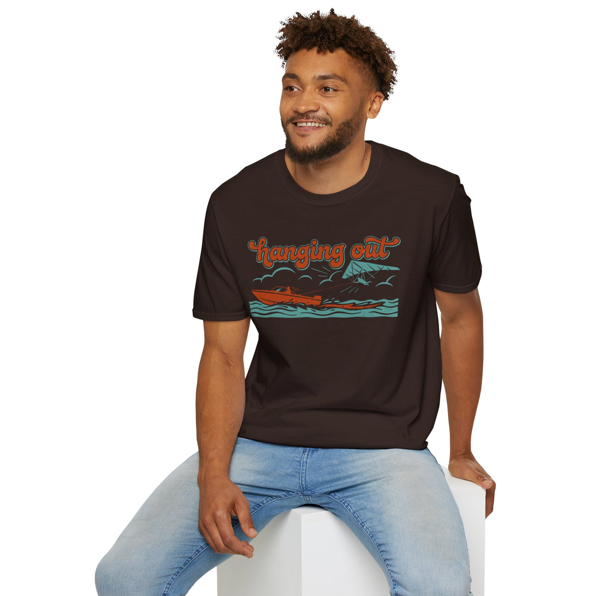 "Hanging Out" Retro Boat Graphic Tee Shirt Coastal, Casual Summer Vibe
