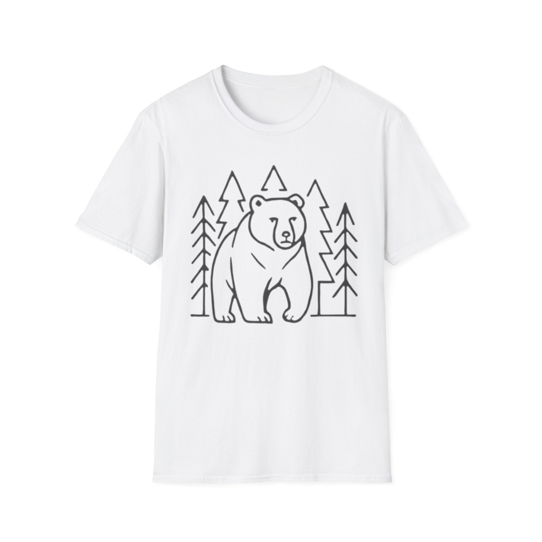 Bear & Pines T-Shirt — Minimal Line Drawing Woodland Tee