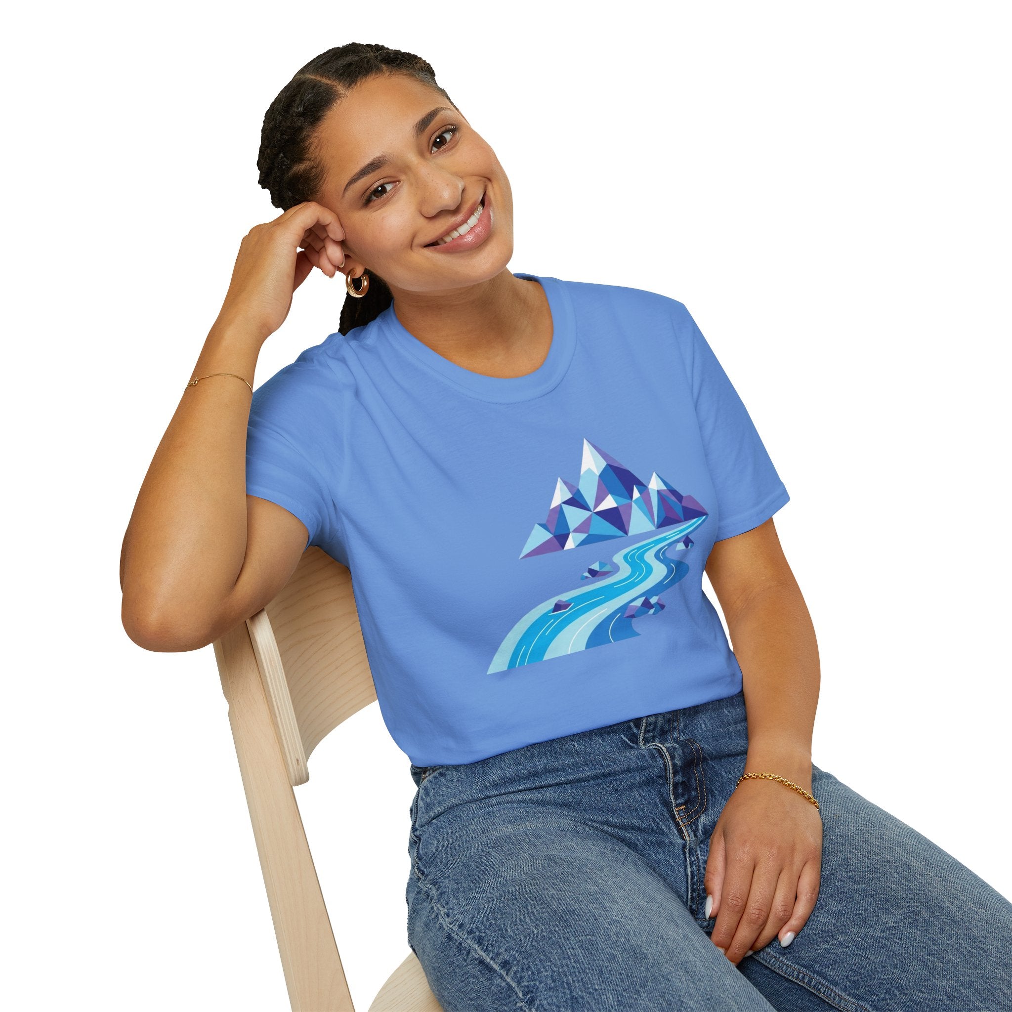 Mountain River T-Shirt — Geometric Blue Peaks & Flowing River