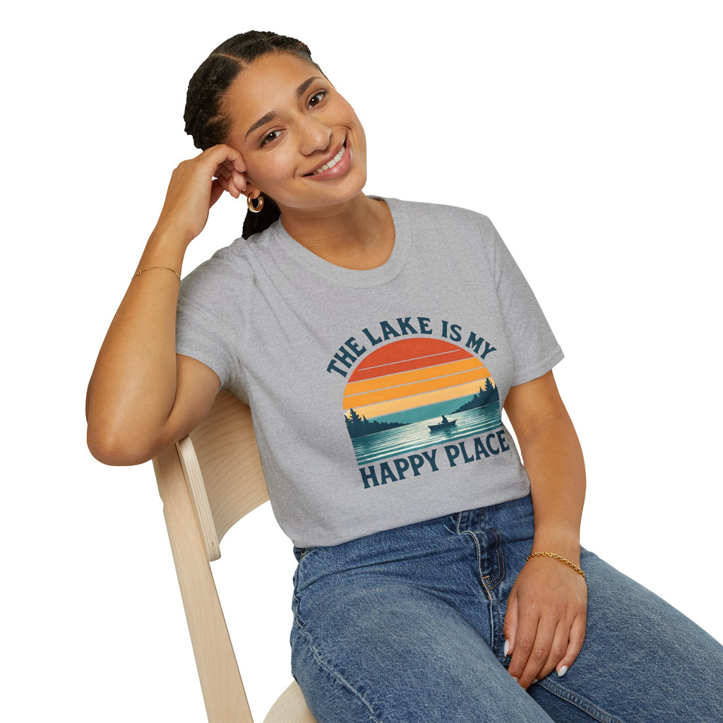 Canoe On The Lake At Sunset "The Lake Is My Happy Place" T-Shirt