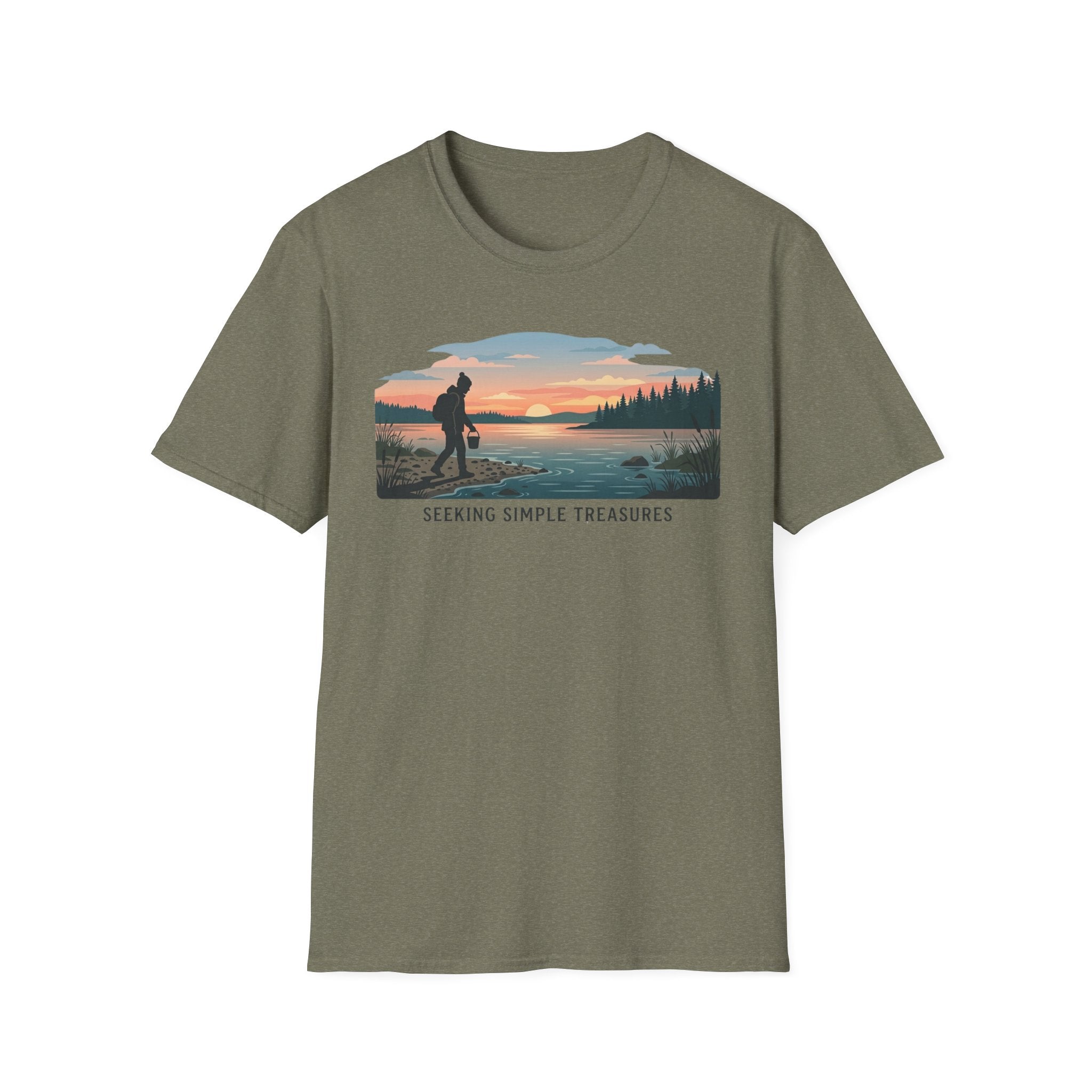 Outdoor T-Shirt — "Seeking Simple Treasures" Sunset Hiker Graphic