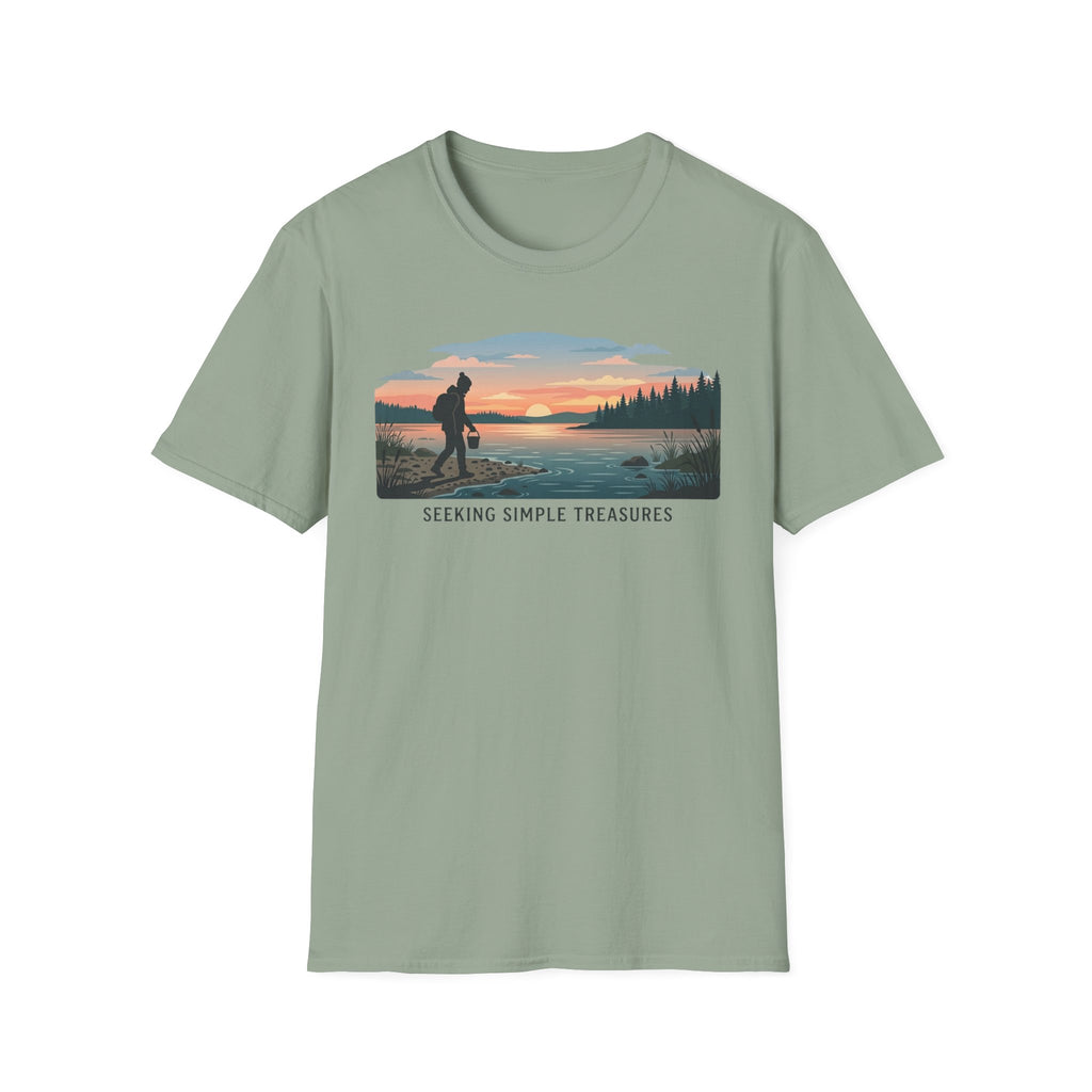 Outdoor T-Shirt — "Seeking Simple Treasures" Sunset Hiker Graphic