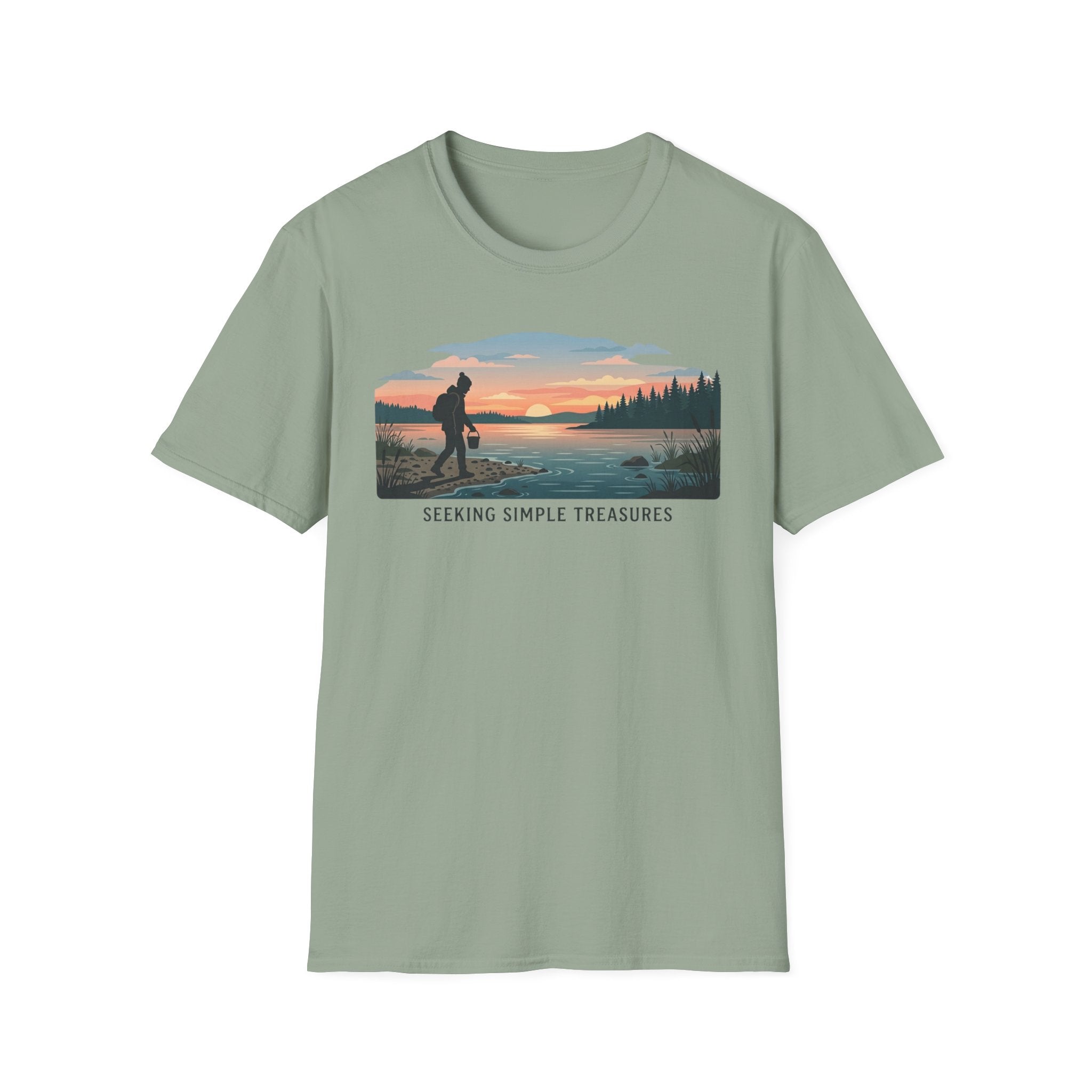 Outdoor T-Shirt — "Seeking Simple Treasures" Sunset Hiker Graphic