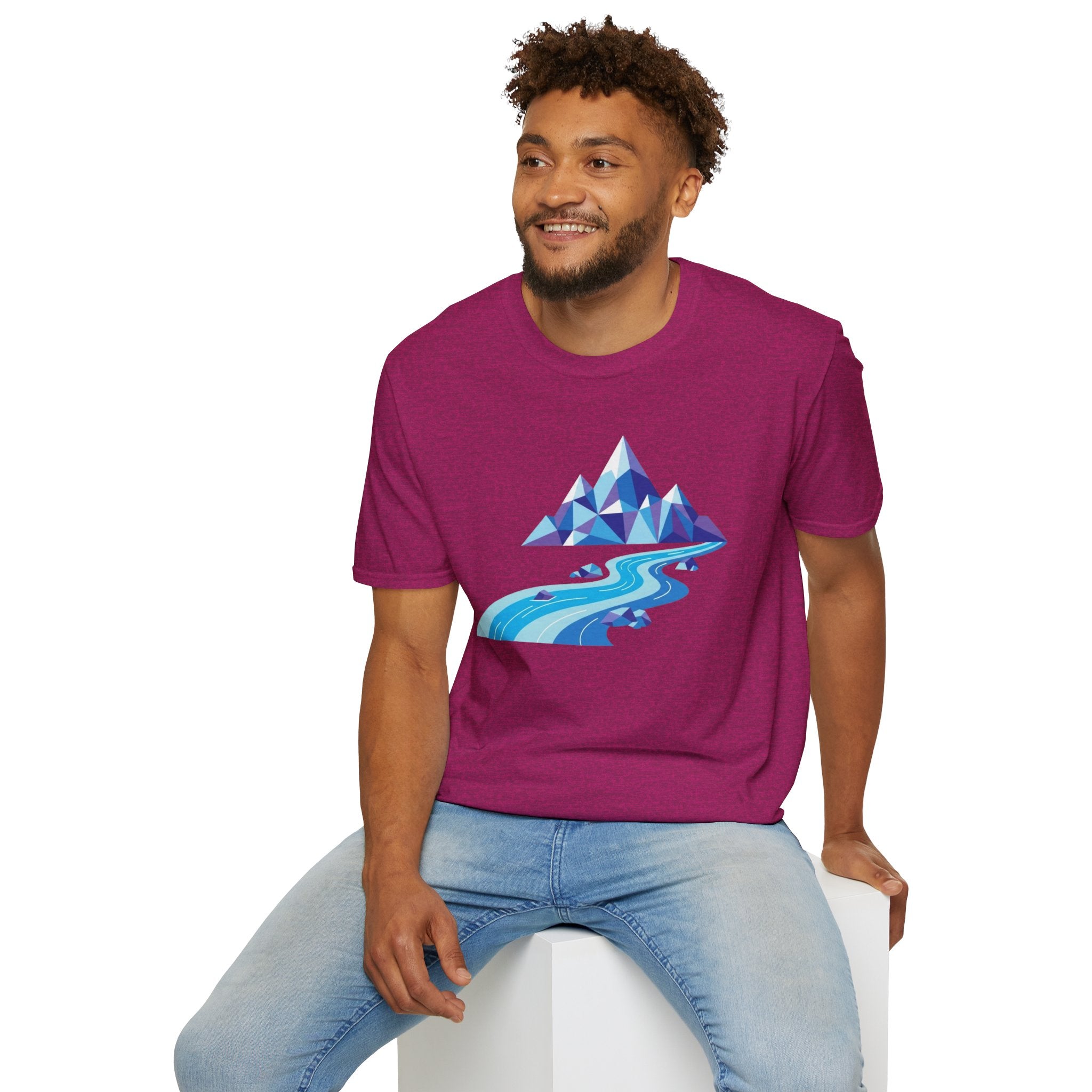 Mountain River T-Shirt — Geometric Blue Peaks & Flowing River