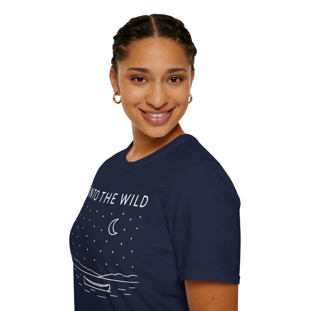 Into The Wild Canoe T-Shirt - Minimal Night Sky Lake Camping Tee