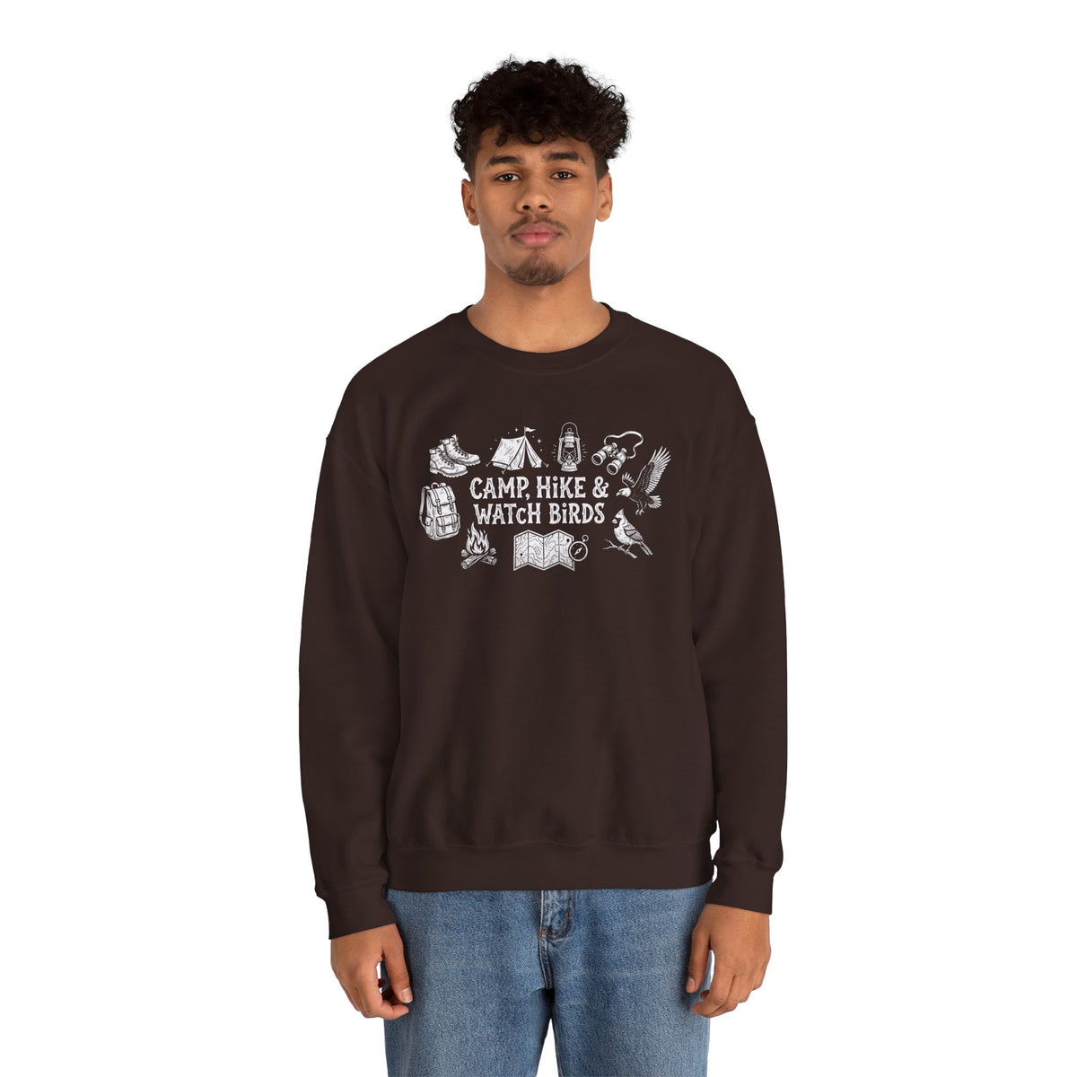 "Camp, Hike & Watch Birds" Outdoor Nature Birdwatching Camping Hiking Pullover Crewneck Sweatshirt
