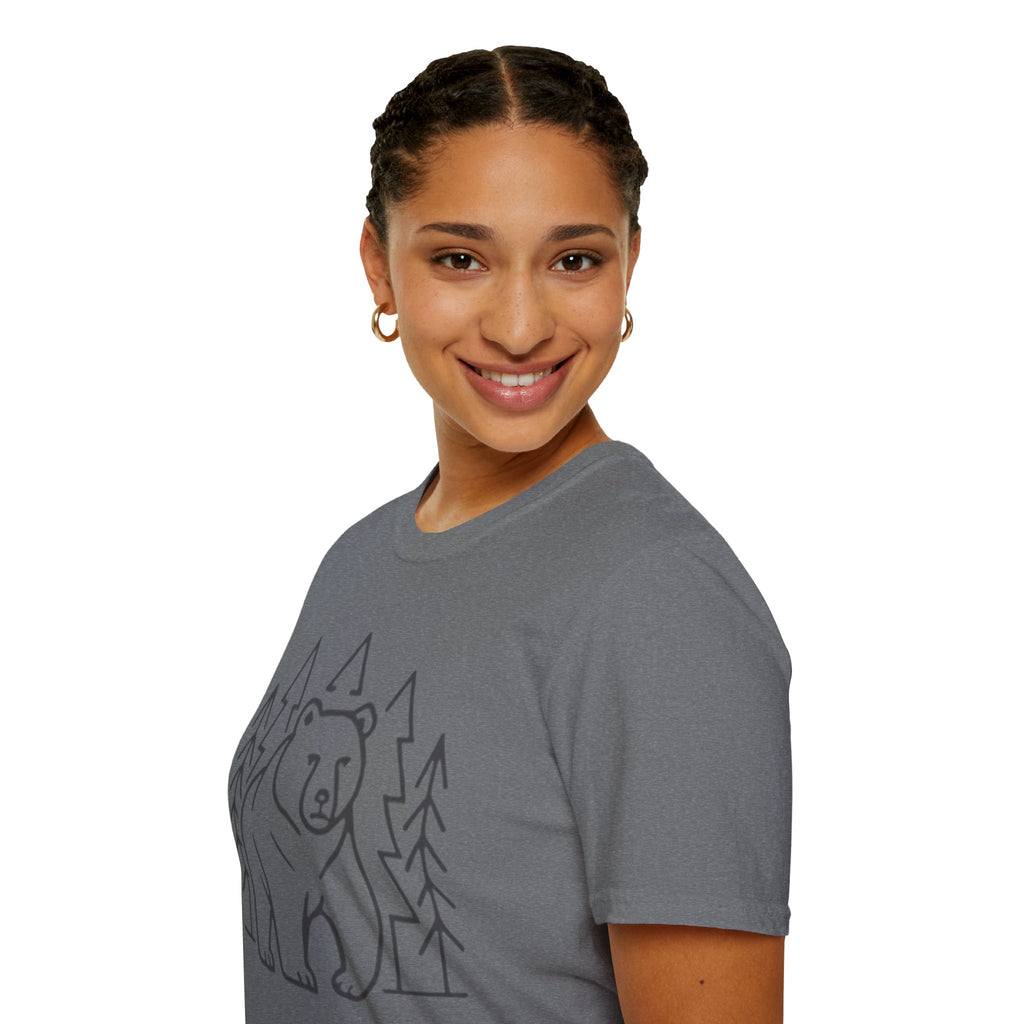 Bear & Pines T-Shirt — Minimal Line Drawing Woodland Tee