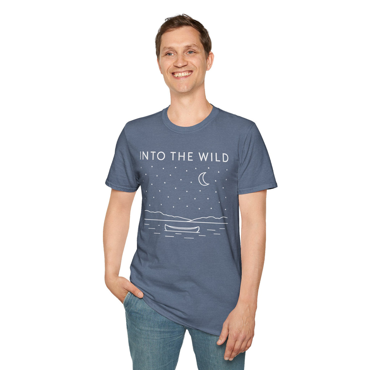 Into The Wild Canoe T-Shirt - Minimal Night Sky Lake Camping Tee