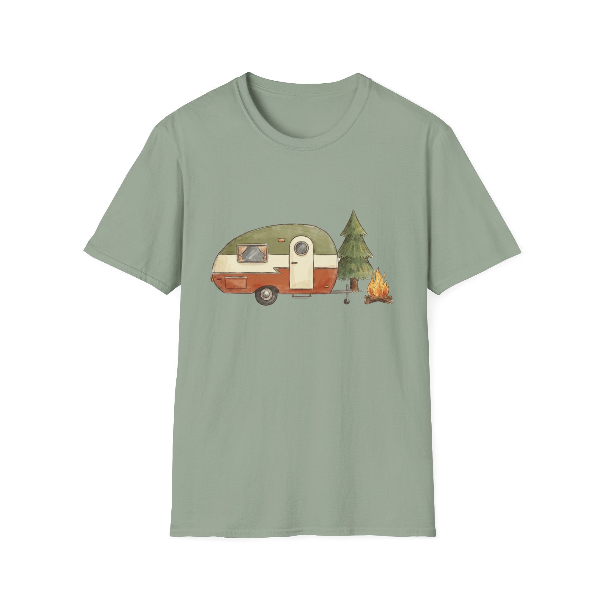 Vintage Camper & Campfire T-Shirt — Retro Trailer Camping Graphic Tee