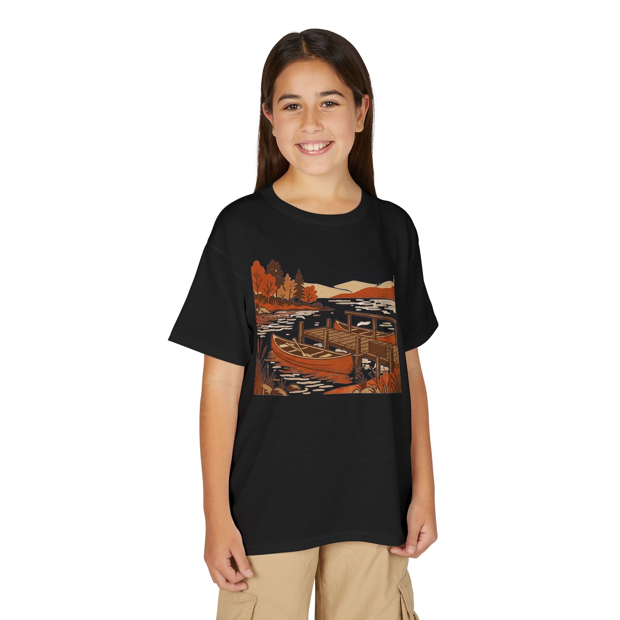 Youth T-Shirt — Autumn Lakeside Dock & Canoe Kids Tee